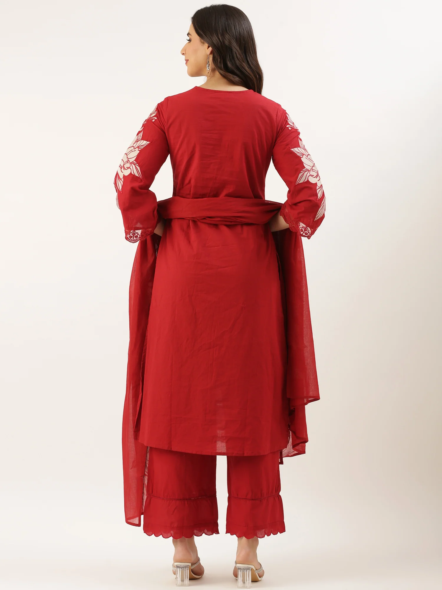 Maroon Cotton Print With Embroidery Three Piece Suit Set - Image 3