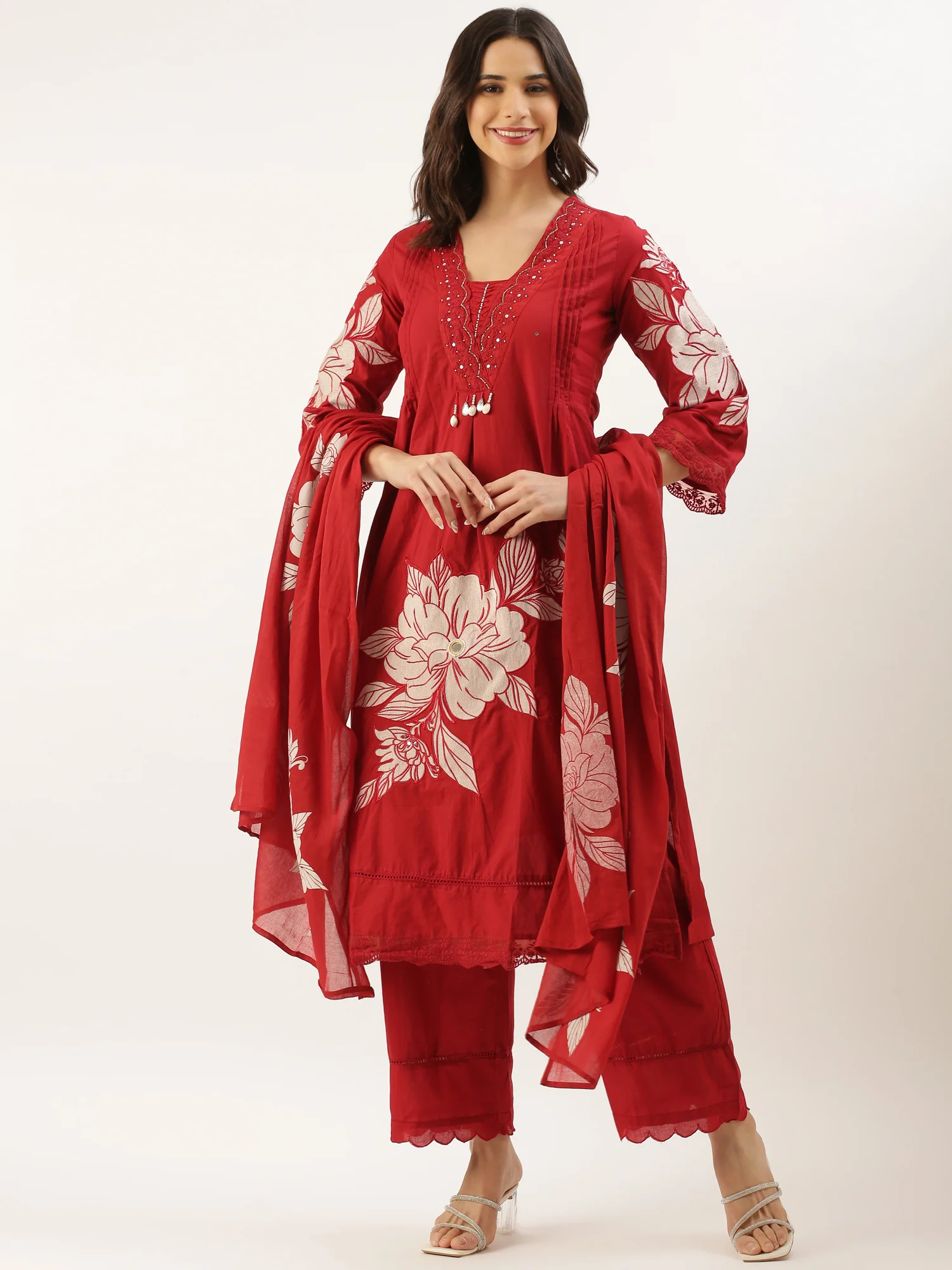 Maroon Cotton Print With Embroidery Three Piece Suit Set - Image 5