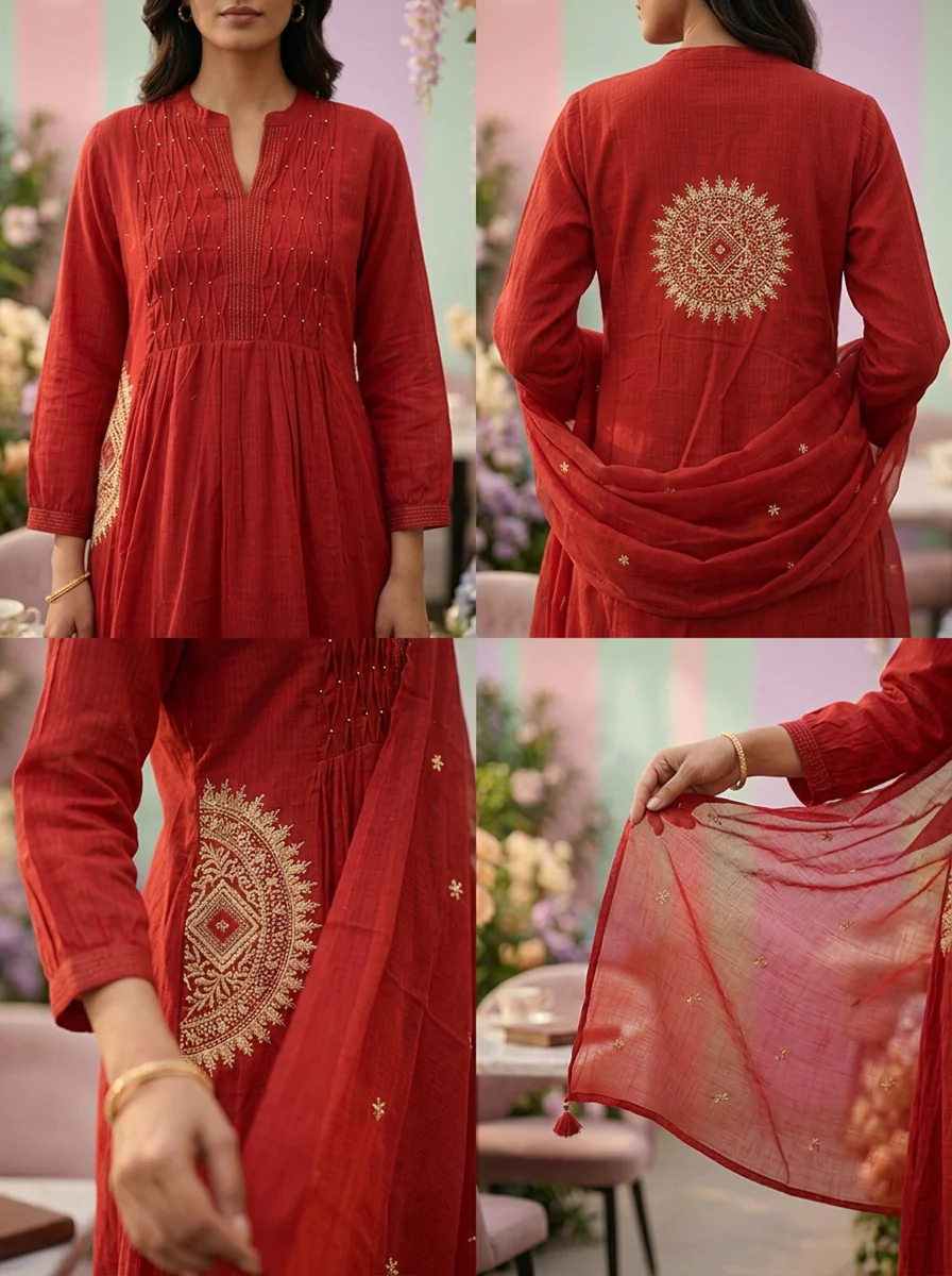 Maroon Cotton Printed Three Piece Set - Image 4