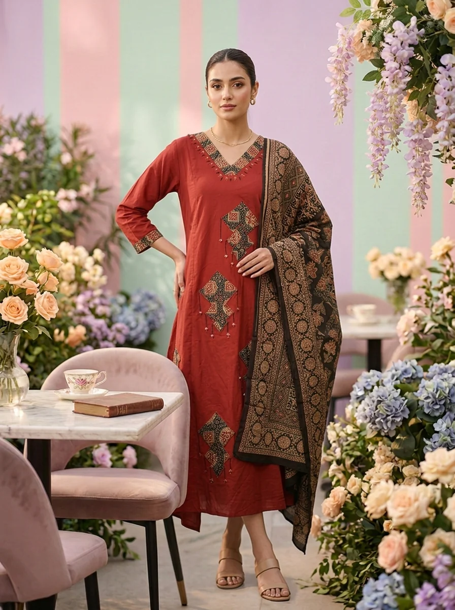 Maroon Cotton Printed Three Piece Set