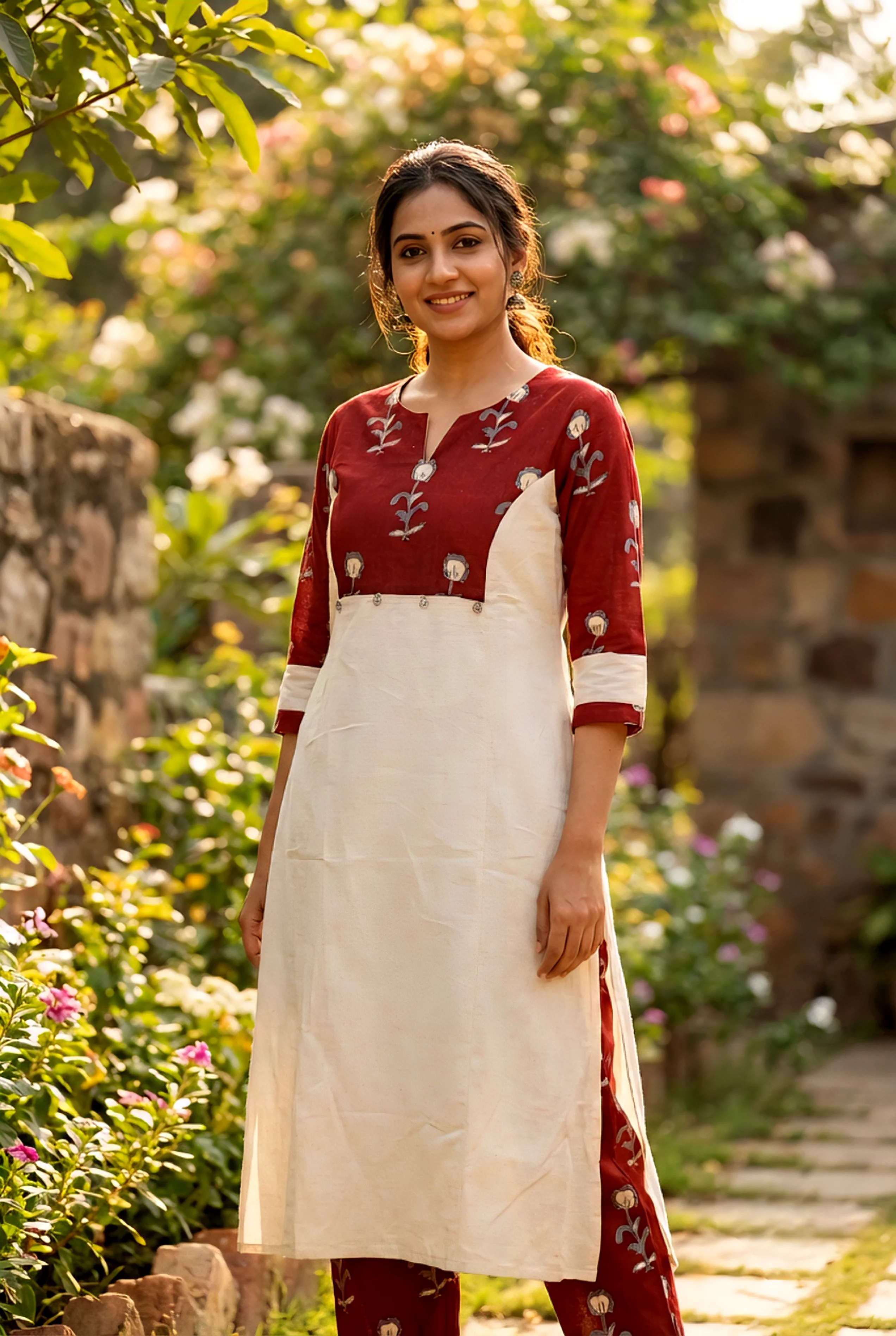 Maroon Cotton Printed Two Piece Set - Image 2