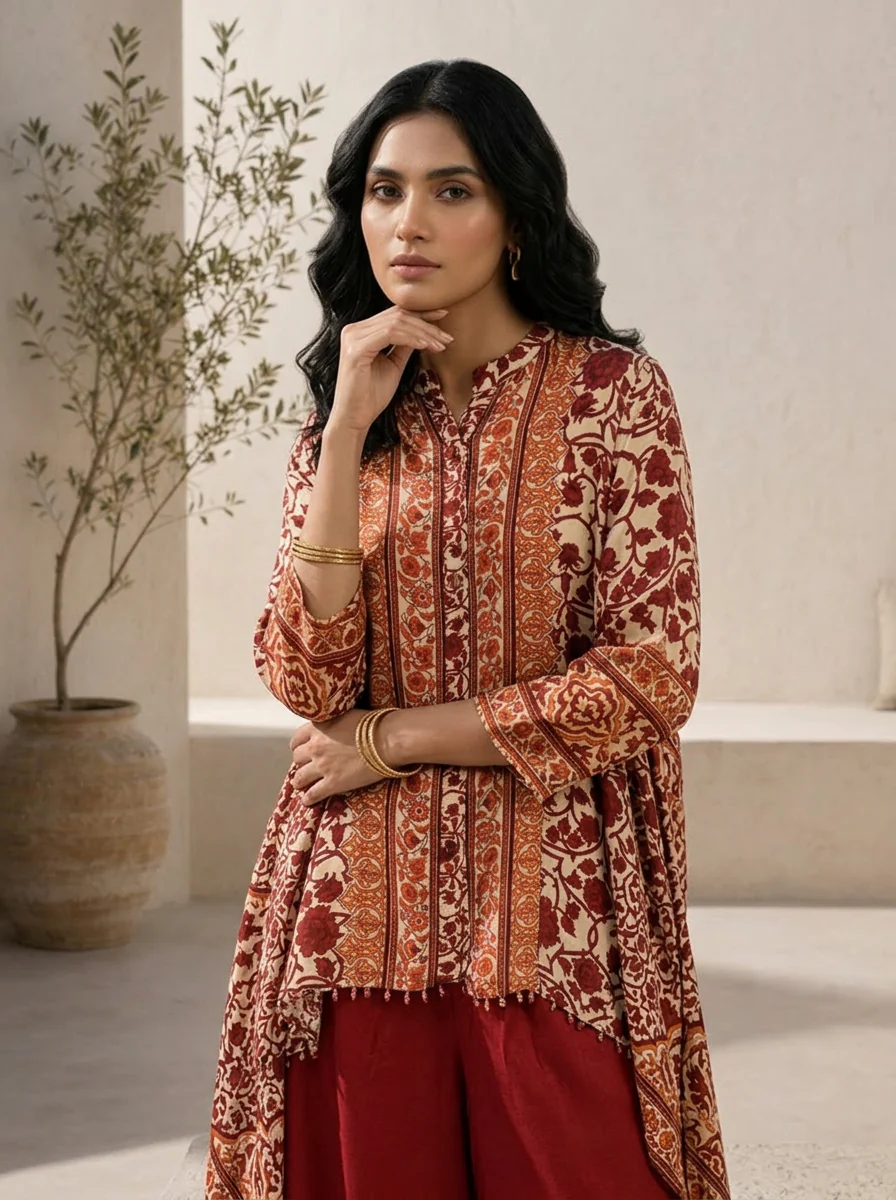 Maroon Crepe Floral Printed Two Piece Set - Image 3