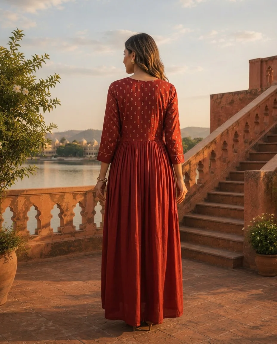 Maroon Crepe Gold Foil Buti Printed Dress - Image 2