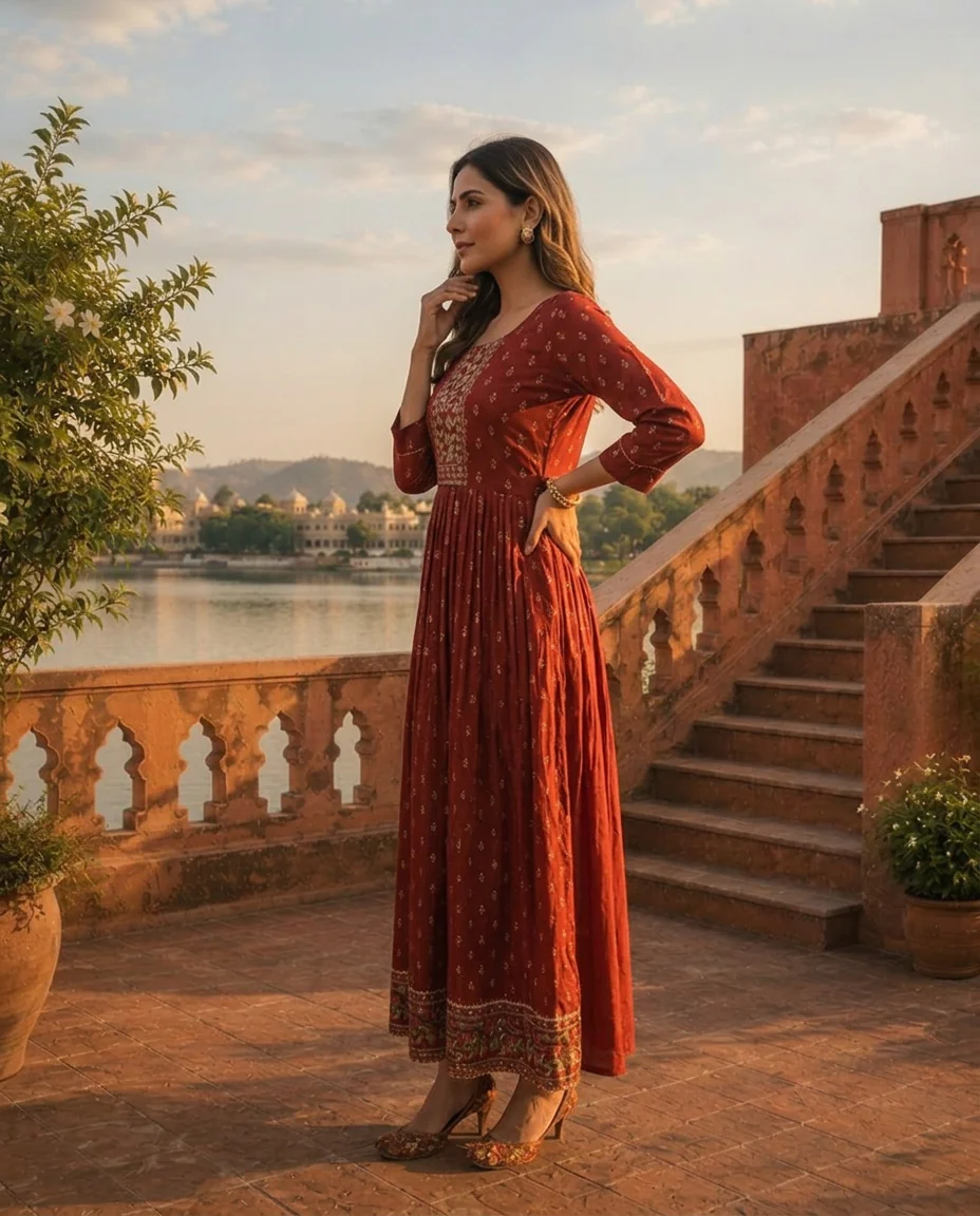 Maroon Crepe Gold Foil Buti Printed Dress - Image 3