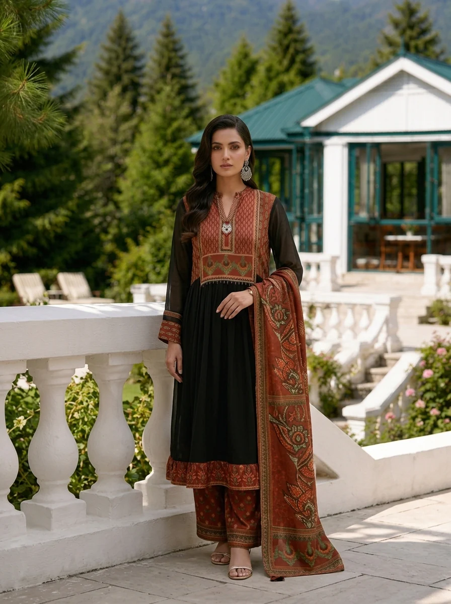Maroon Georgette Ethnic Motif Printed Three Piece Set - Image 2