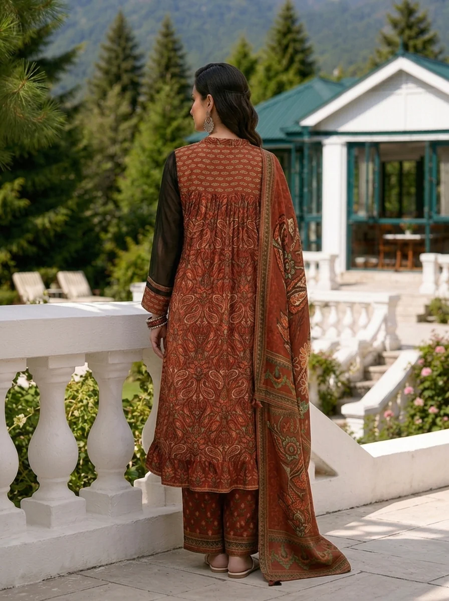 Maroon Georgette Ethnic Motif Printed Three Piece Set - Image 3