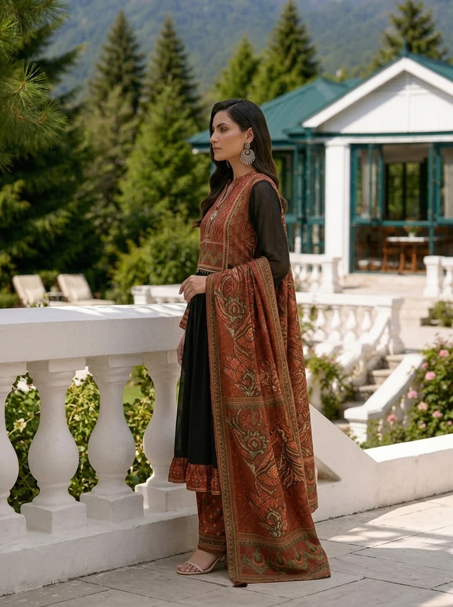 Maroon Georgette Ethnic Motif Printed Three Piece Set - Image 4