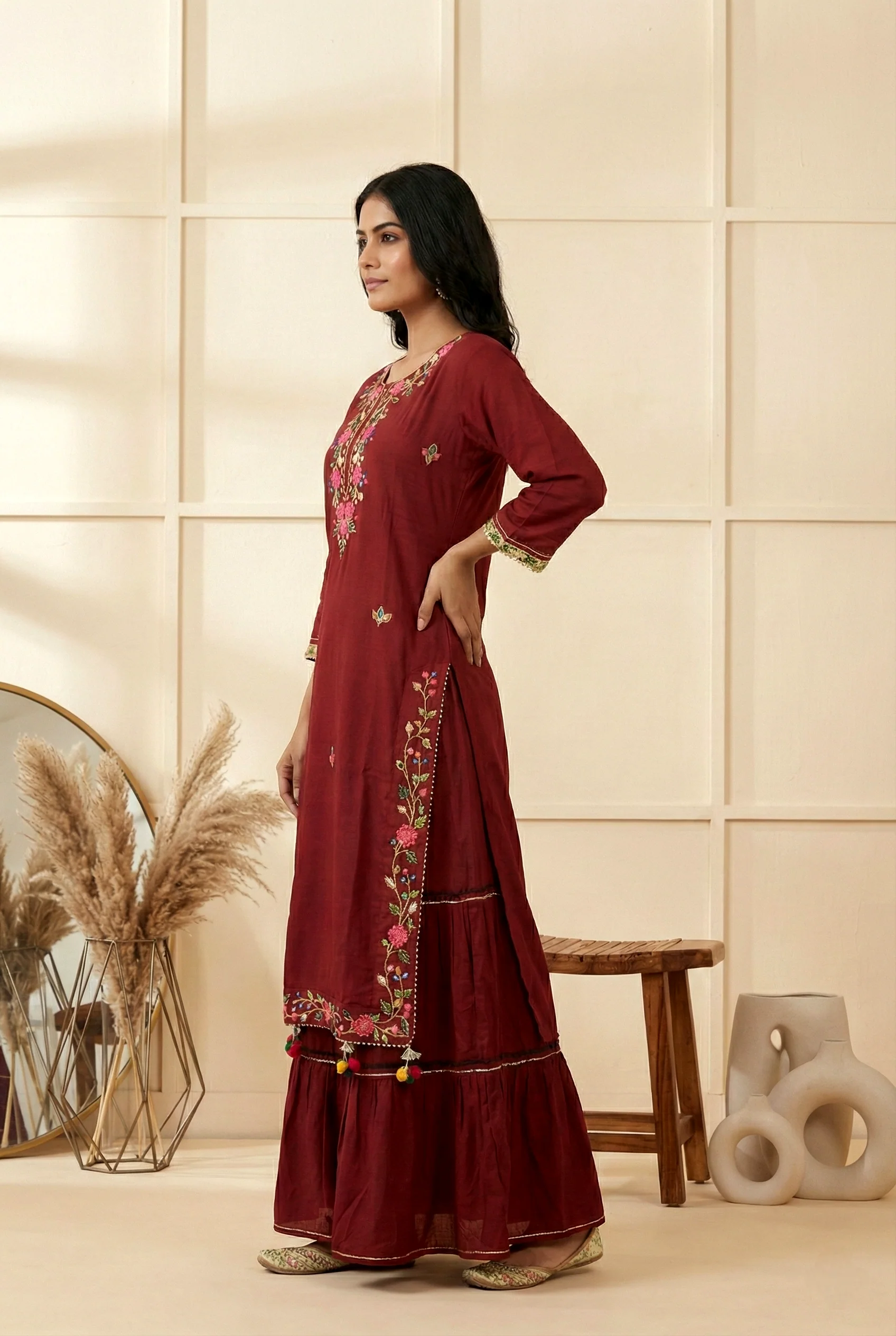 Maroon Georgette Floral And Mirror Embroidery Dress - Image 2
