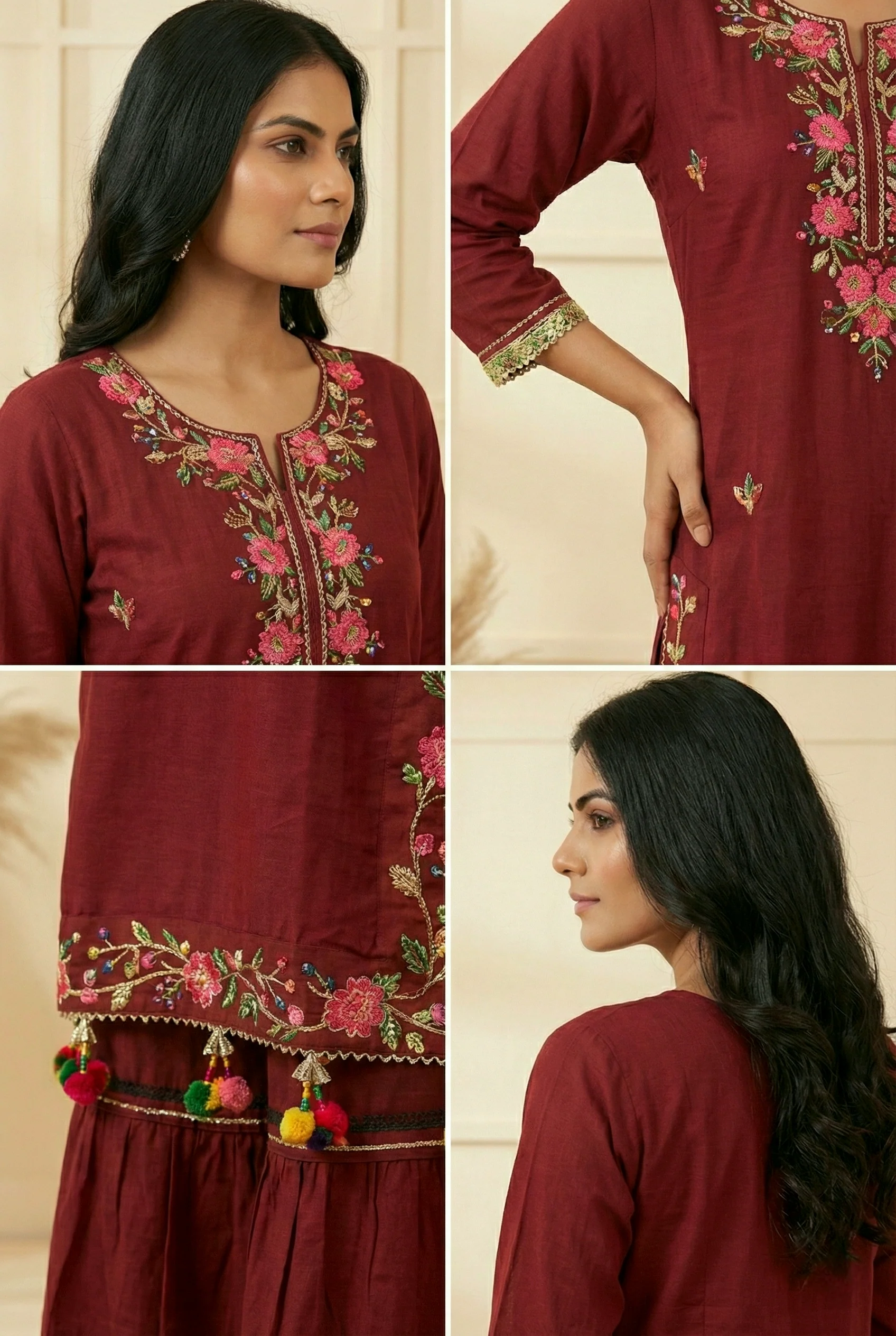 Maroon Georgette Floral And Mirror Embroidery Dress - Image 3