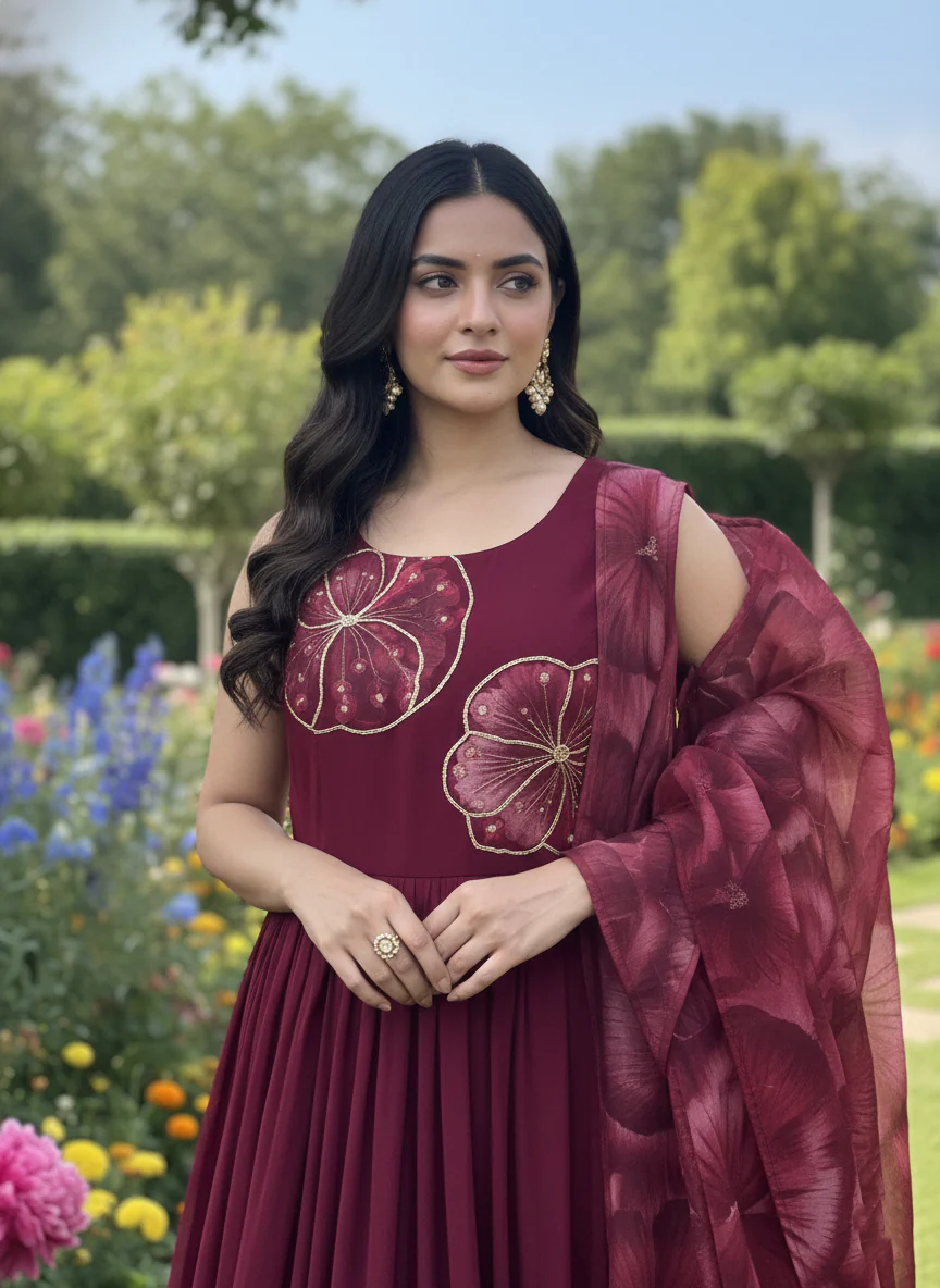 Maroon Georgette Floral Printed Long Dress - Image 2