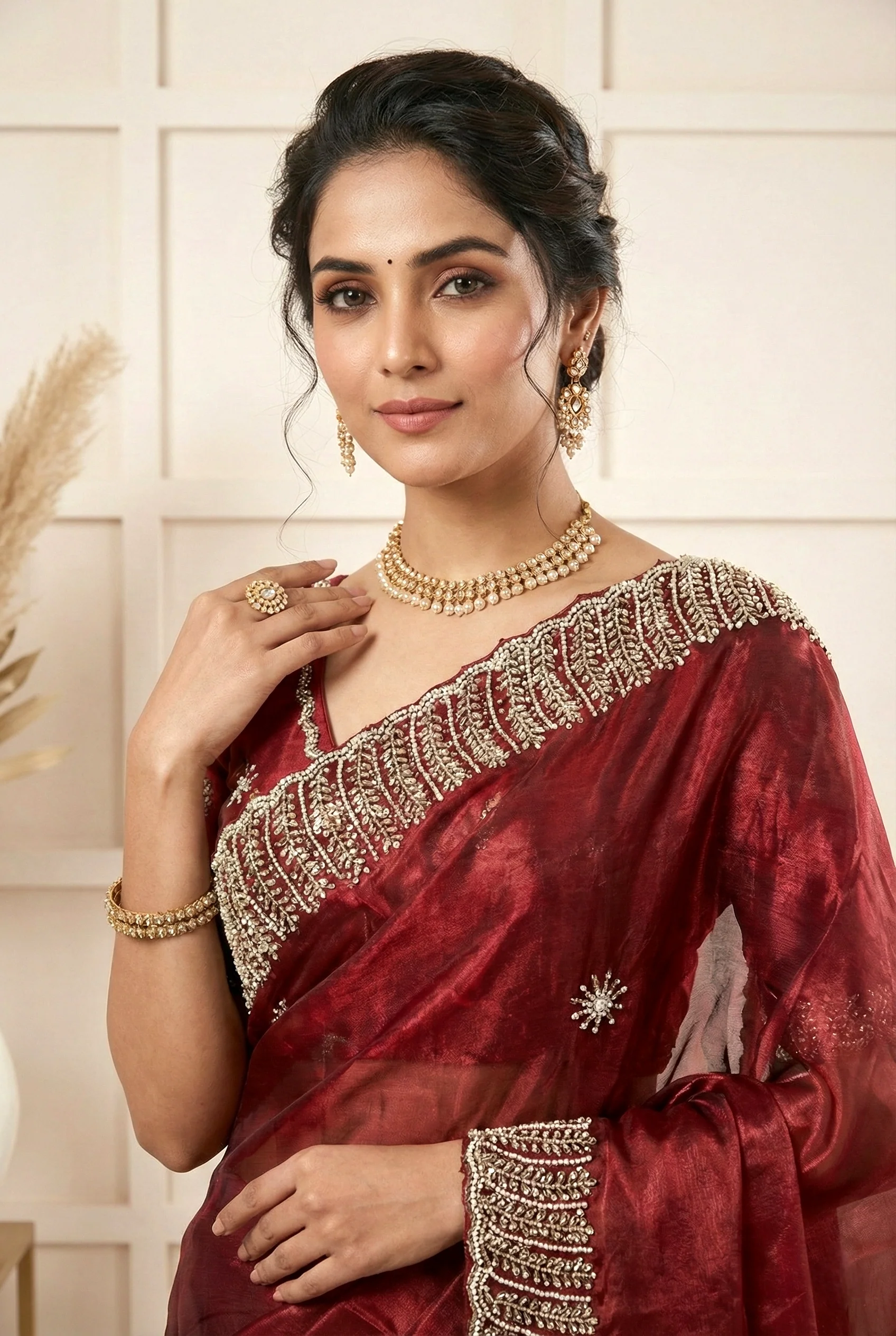 Maroon Jimmy Choo Stone Embroidery Saree - Image 2