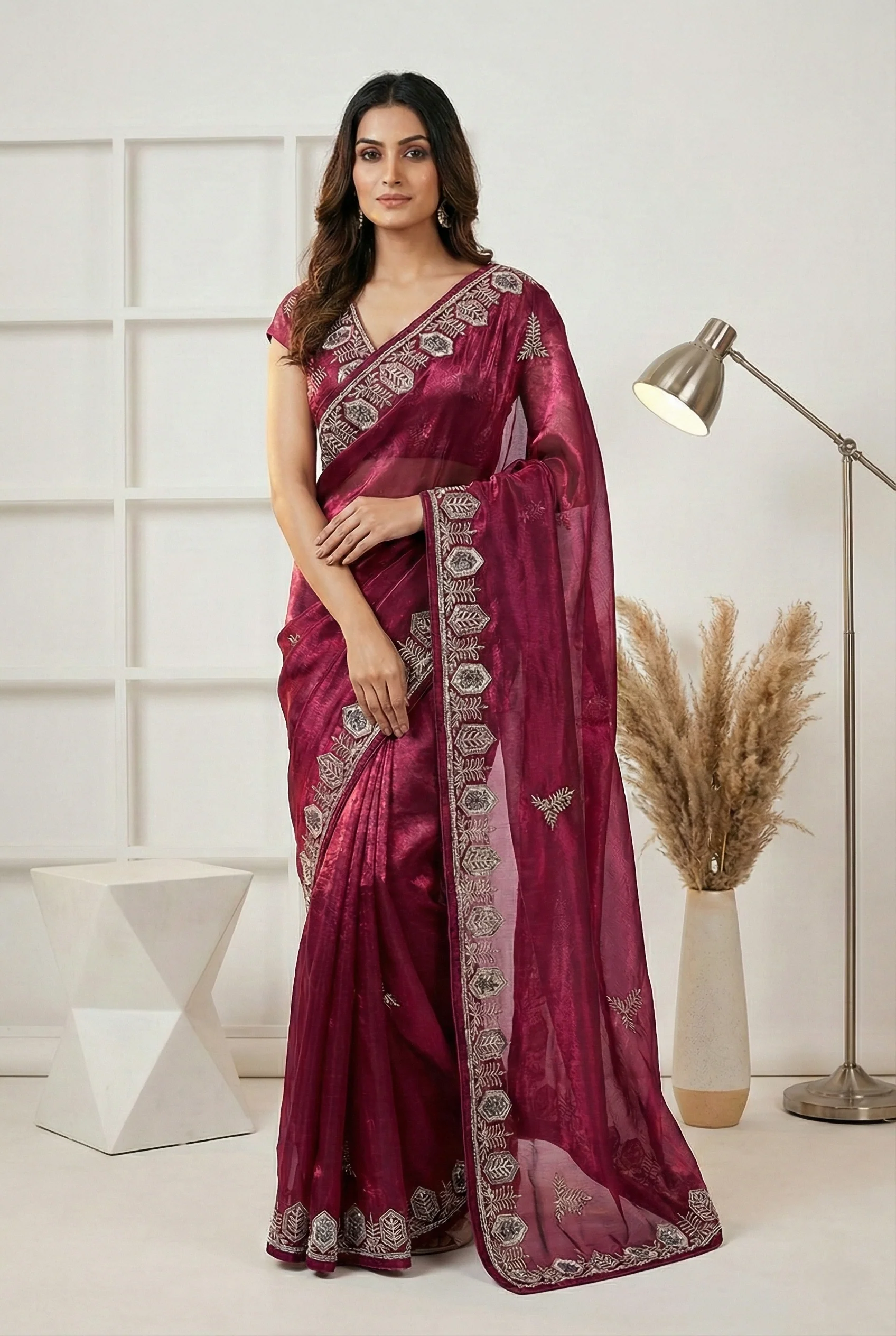 Maroon Jimmy Choo Zari And Thread Embroidery Saree