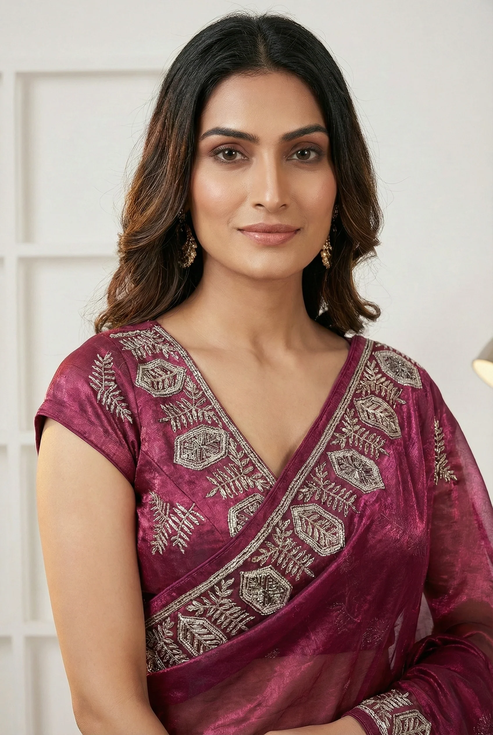 Maroon Jimmy Choo Zari And Thread Embroidery Saree - Image 3