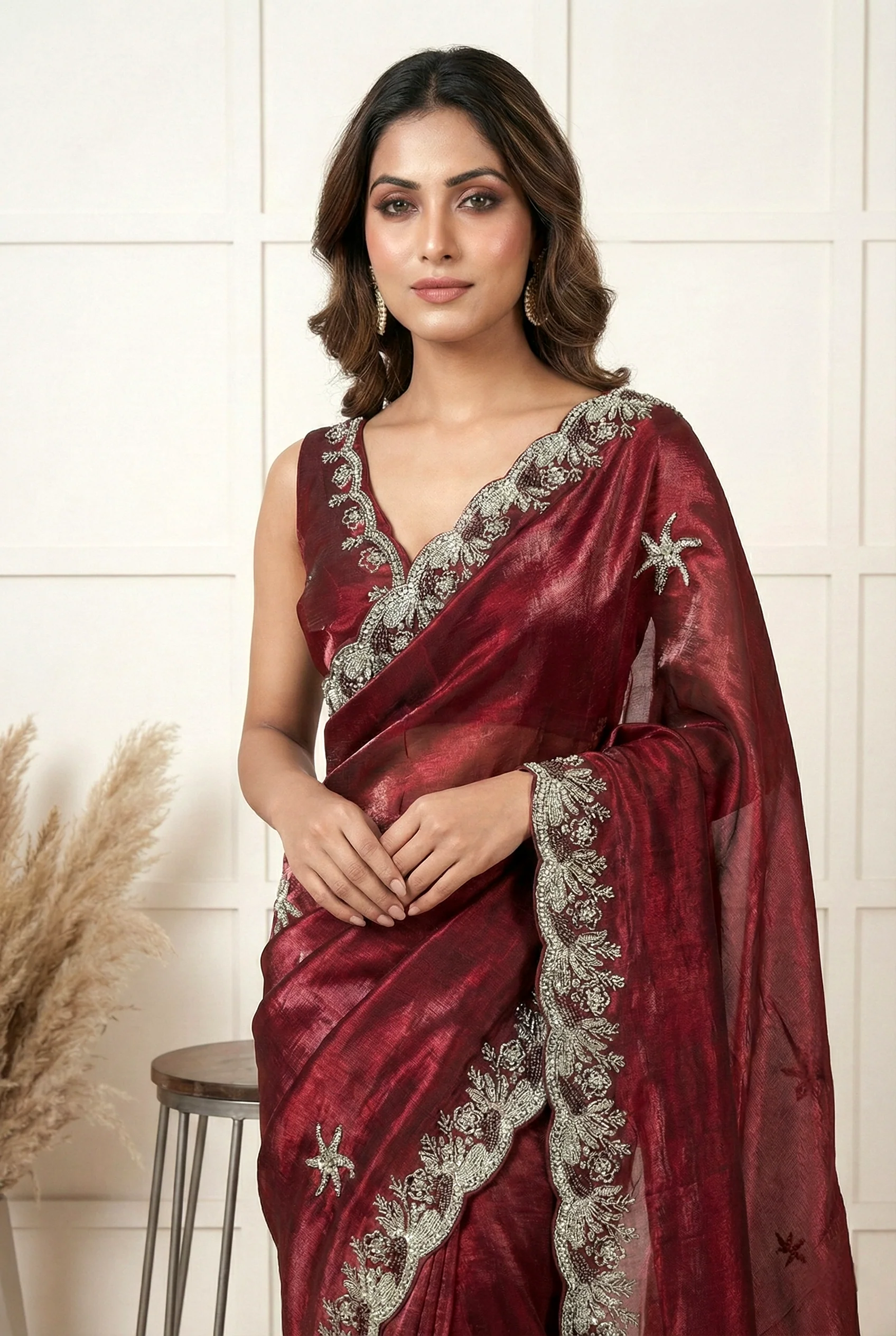 Maroon Jimmy Choo Zari Embroidery Saree - Image 3
