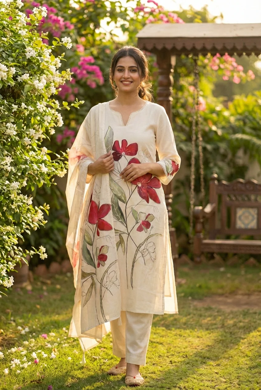 Maroon Linen Floral Printed Three Piece Set