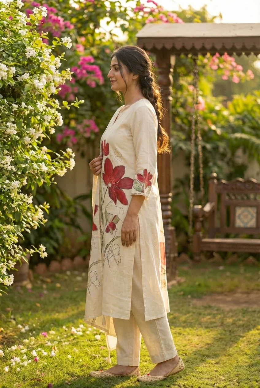 Maroon Linen Floral Printed Three Piece Set - Image 3