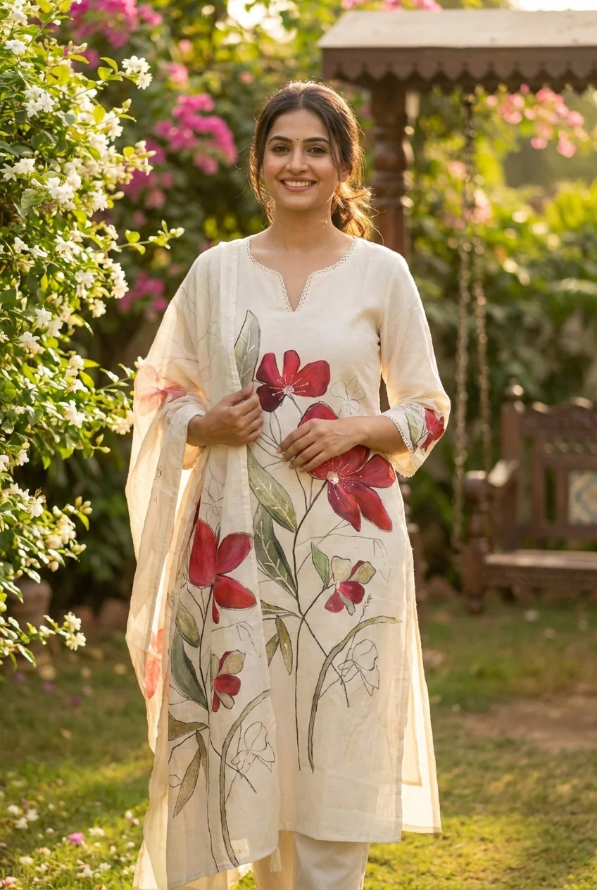 Maroon Linen Floral Printed Three Piece Set - Image 4