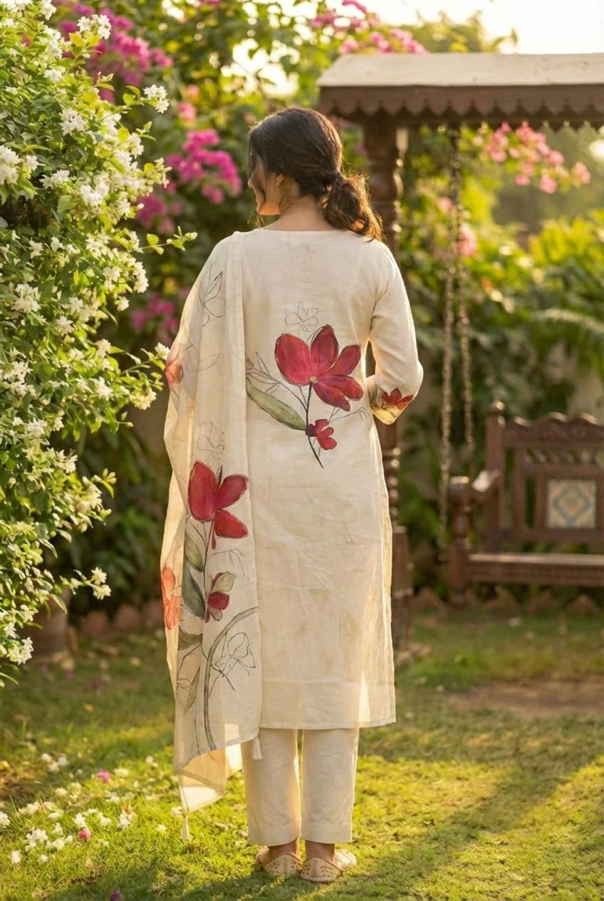 Maroon Linen Floral Printed Three Piece Set - Image 5