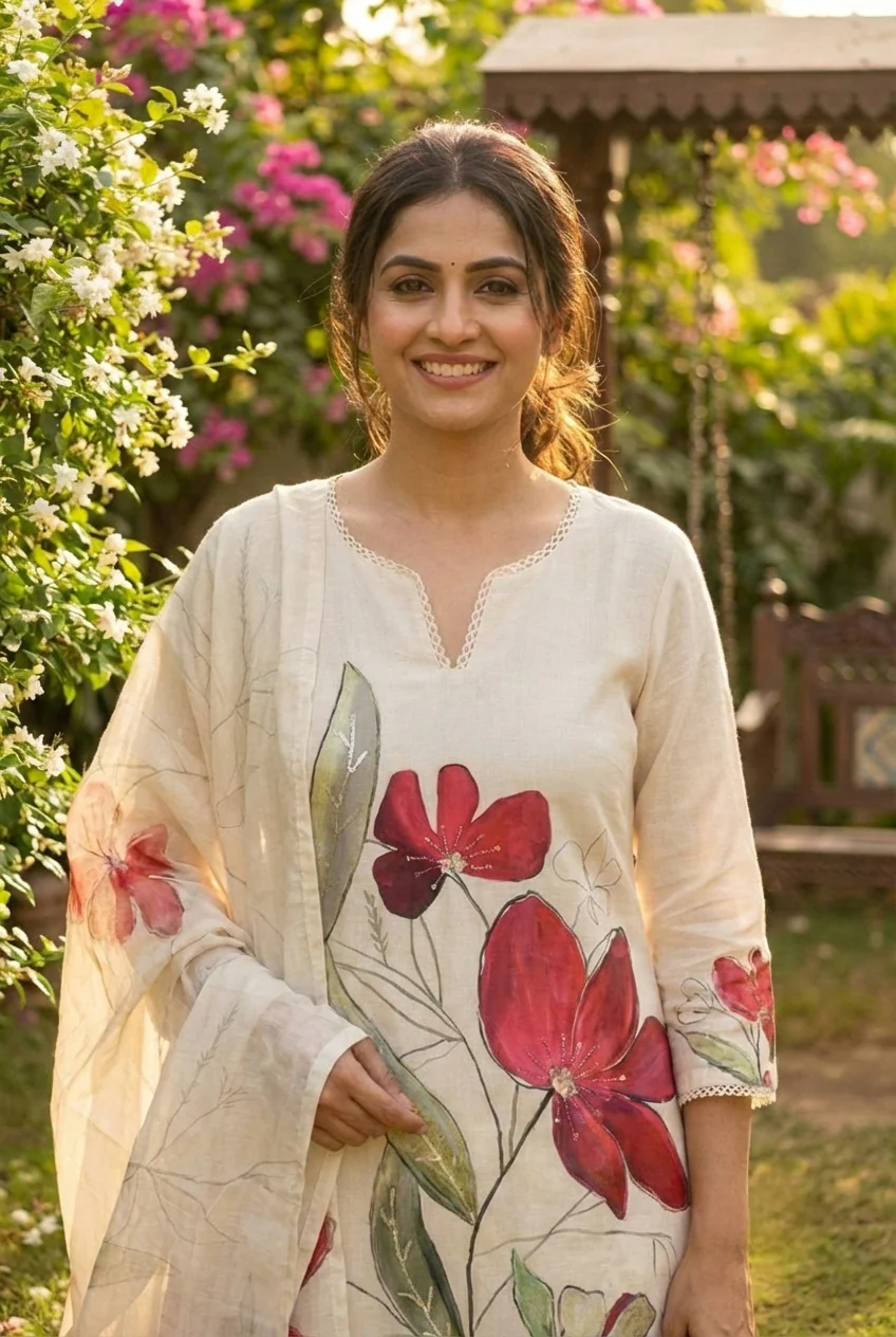 Maroon Linen Floral Printed Three Piece Set - Image 8