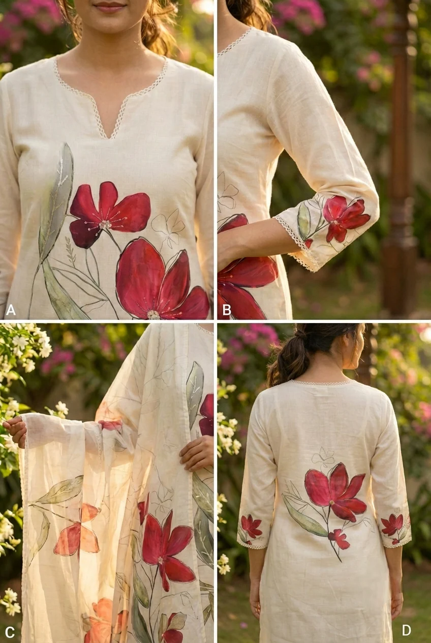 Maroon Linen Floral Printed Three Piece Set - Image 9