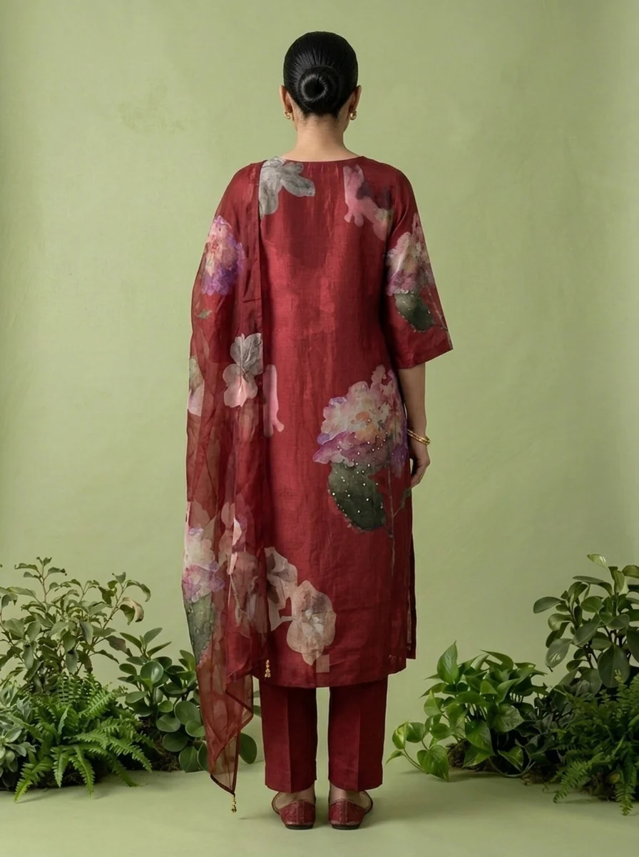 Maroon Muslin Floral Digital Printed Three Piece Set - Image 2