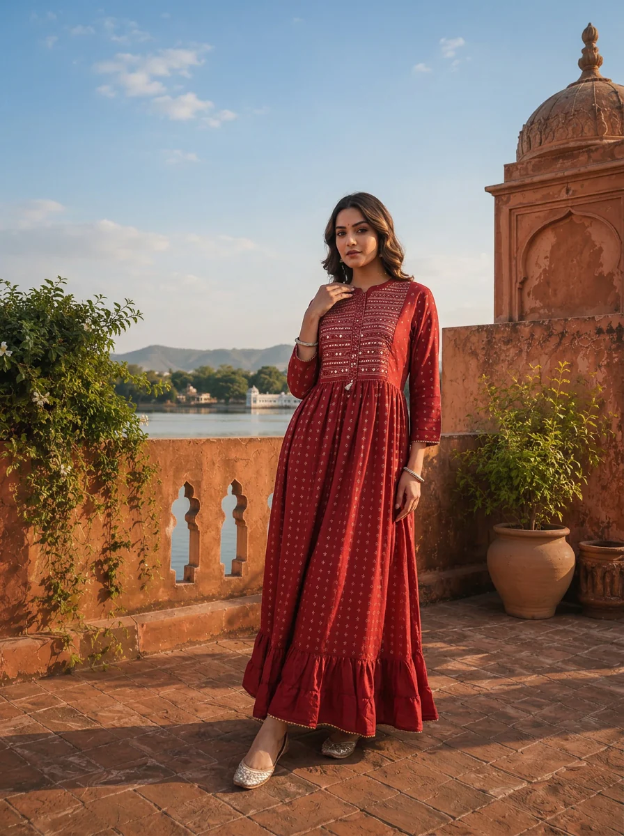 Maroon Muslin Gold Foil Buti Printed Dress With Foil Mirror Yoke Design - Image 2