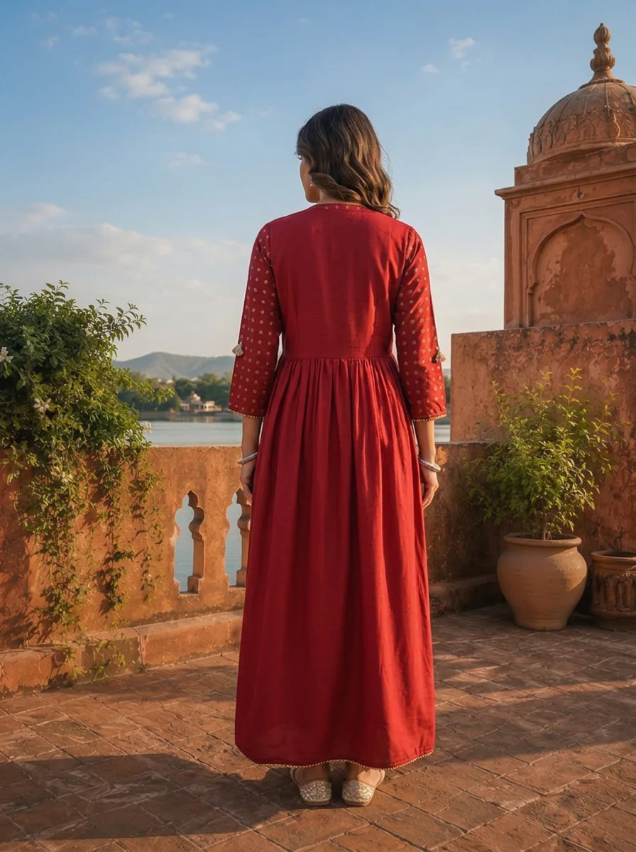 Maroon Muslin Gold Foil Buti Printed Dress With Foil Mirror Yoke Design - Image 3