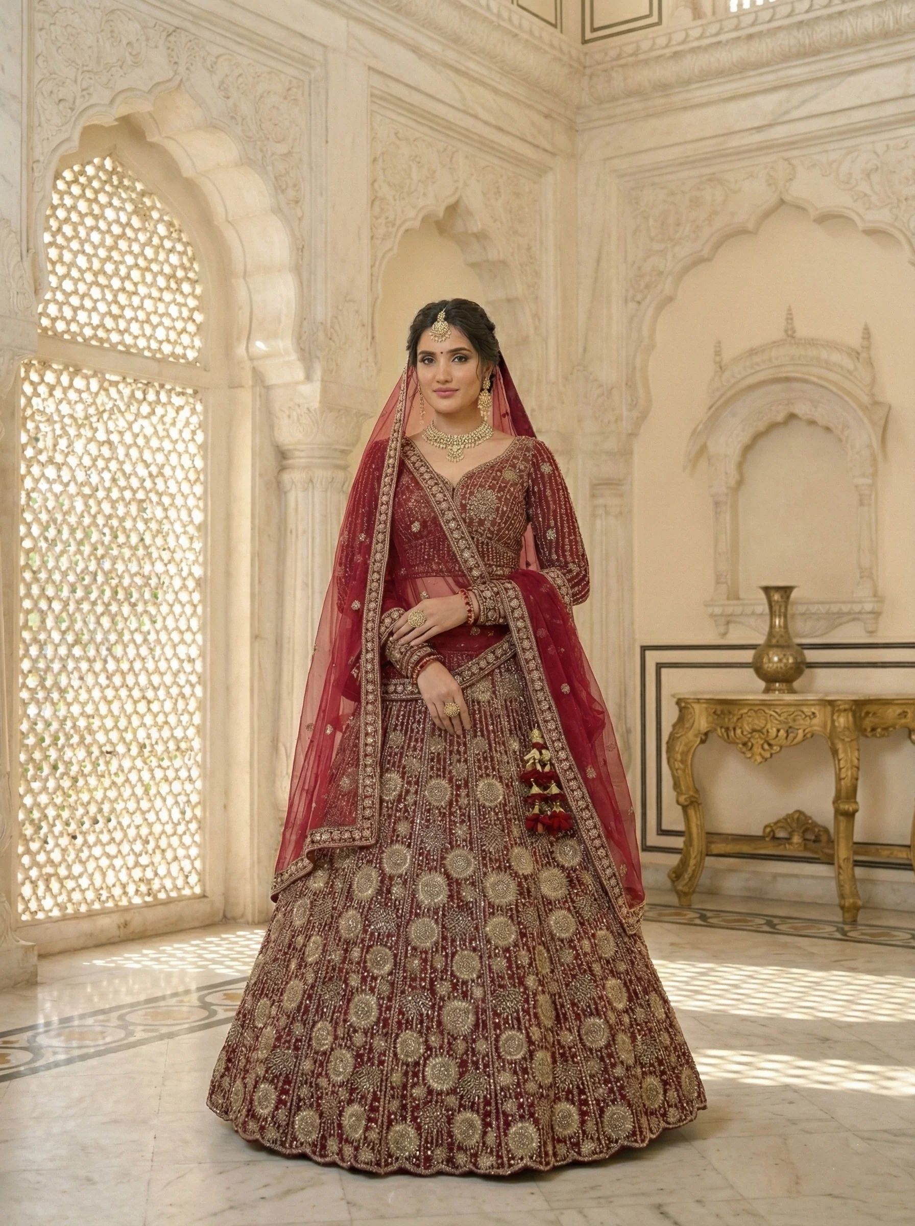 Maroon Net Heavy Hand Embroidered Ghagra Set