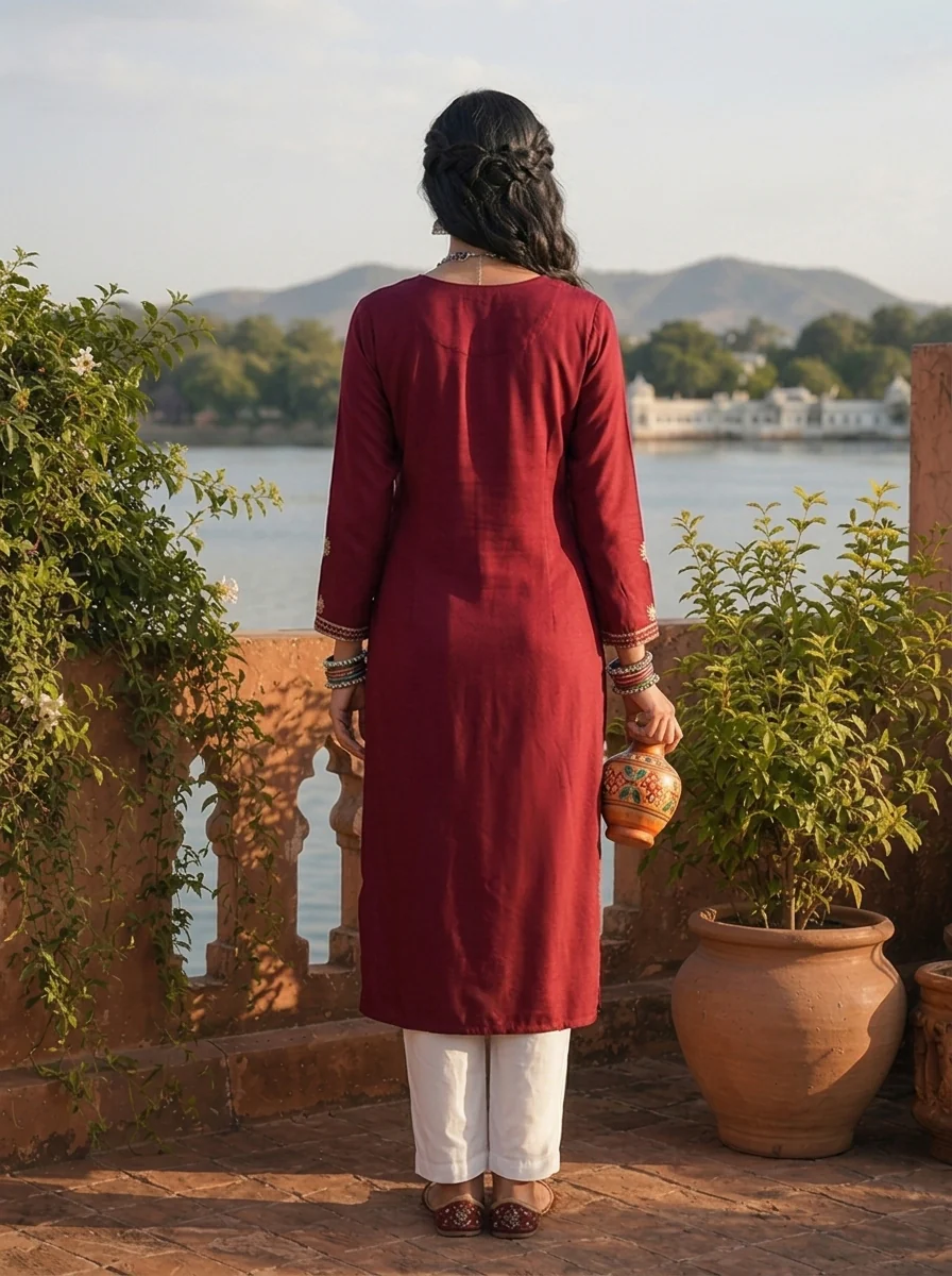 Maroon Rayon Geometric Cross-Stitch Style Embroidered Kurta - Image 2