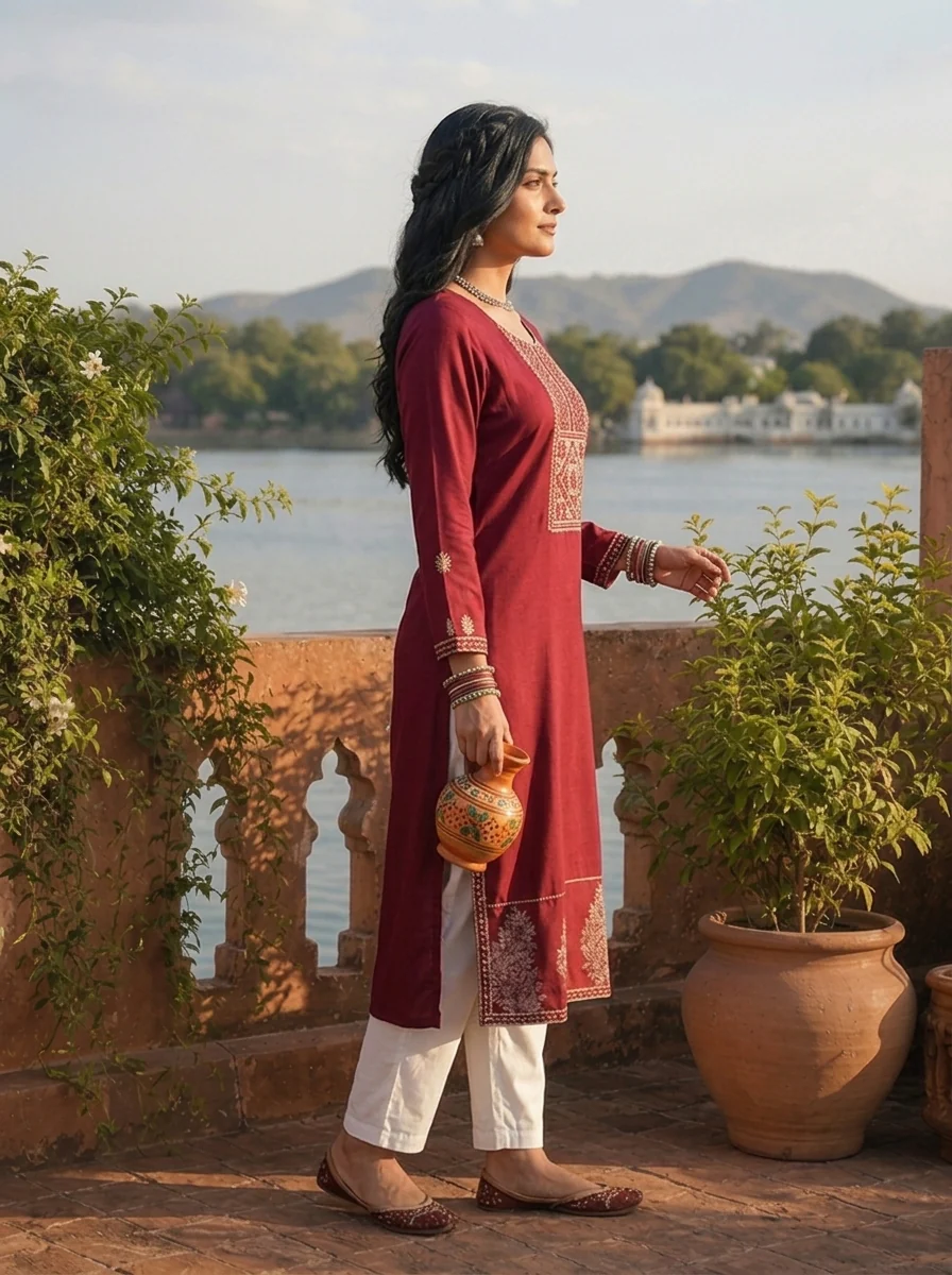 Maroon Rayon Geometric Cross-Stitch Style Embroidered Kurta - Image 3