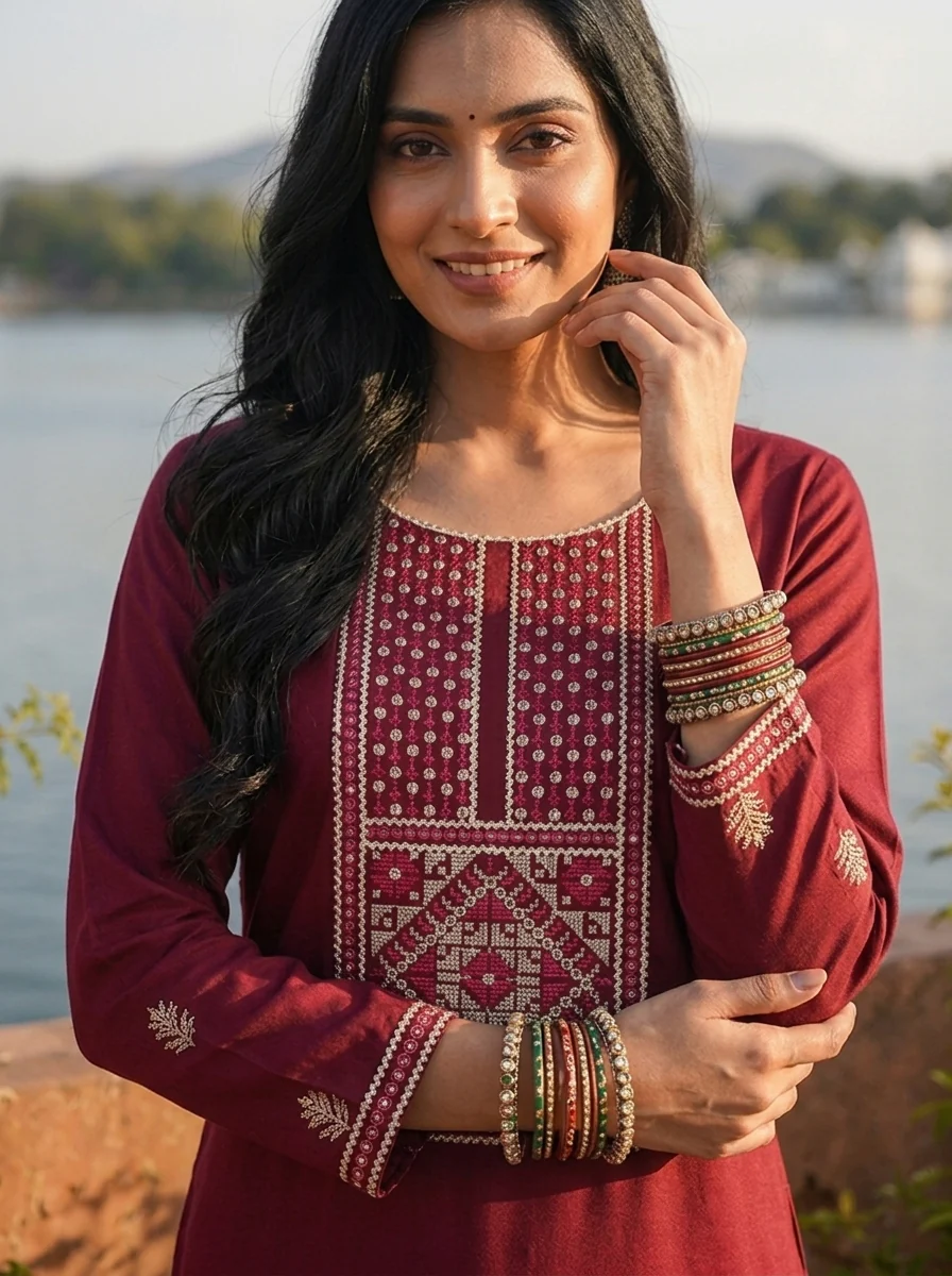 Maroon Rayon Geometric Cross-Stitch Style Embroidered Kurta - Image 4