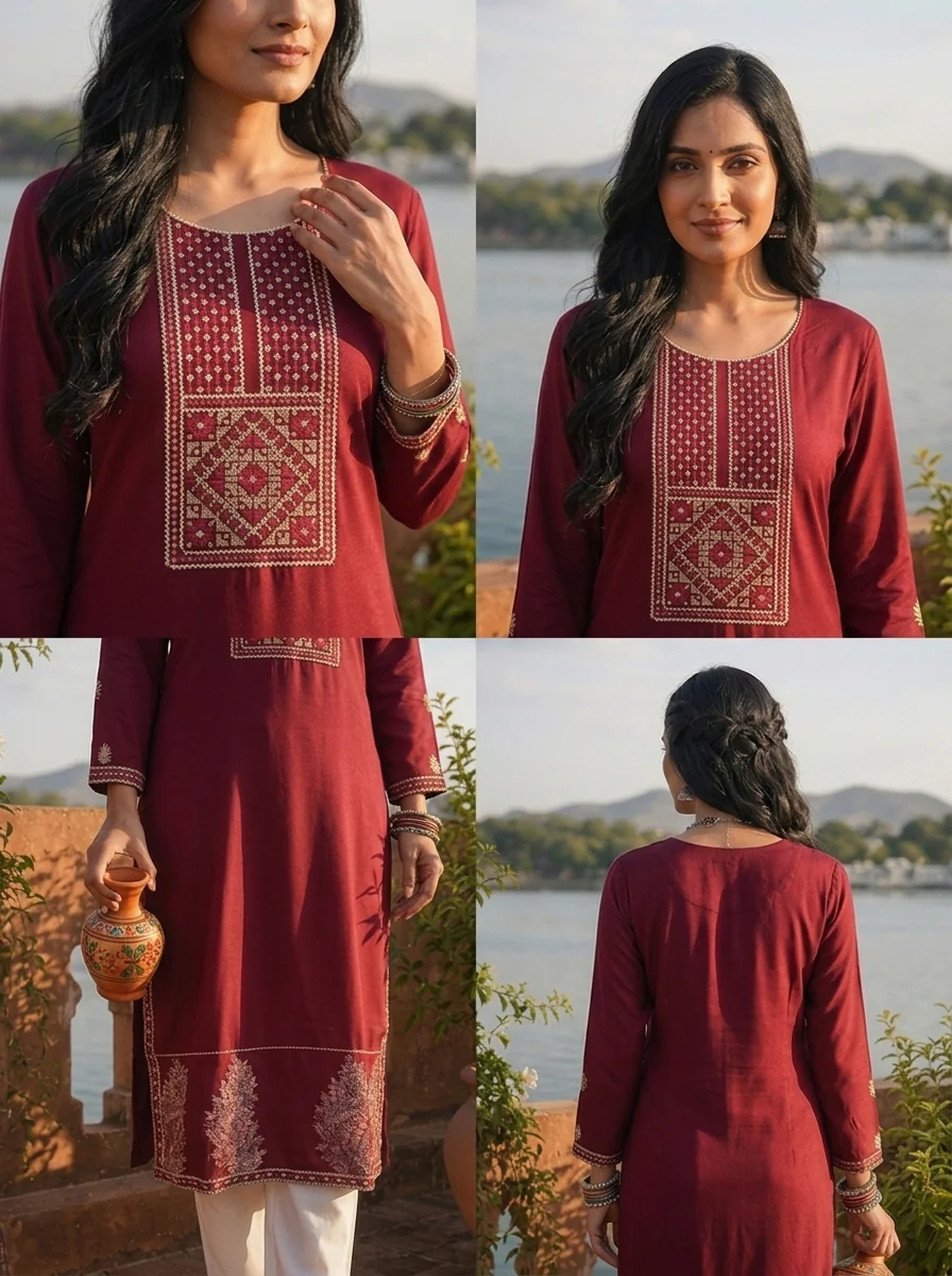 Maroon Rayon Geometric Cross-Stitch Style Embroidered Kurta - Image 5