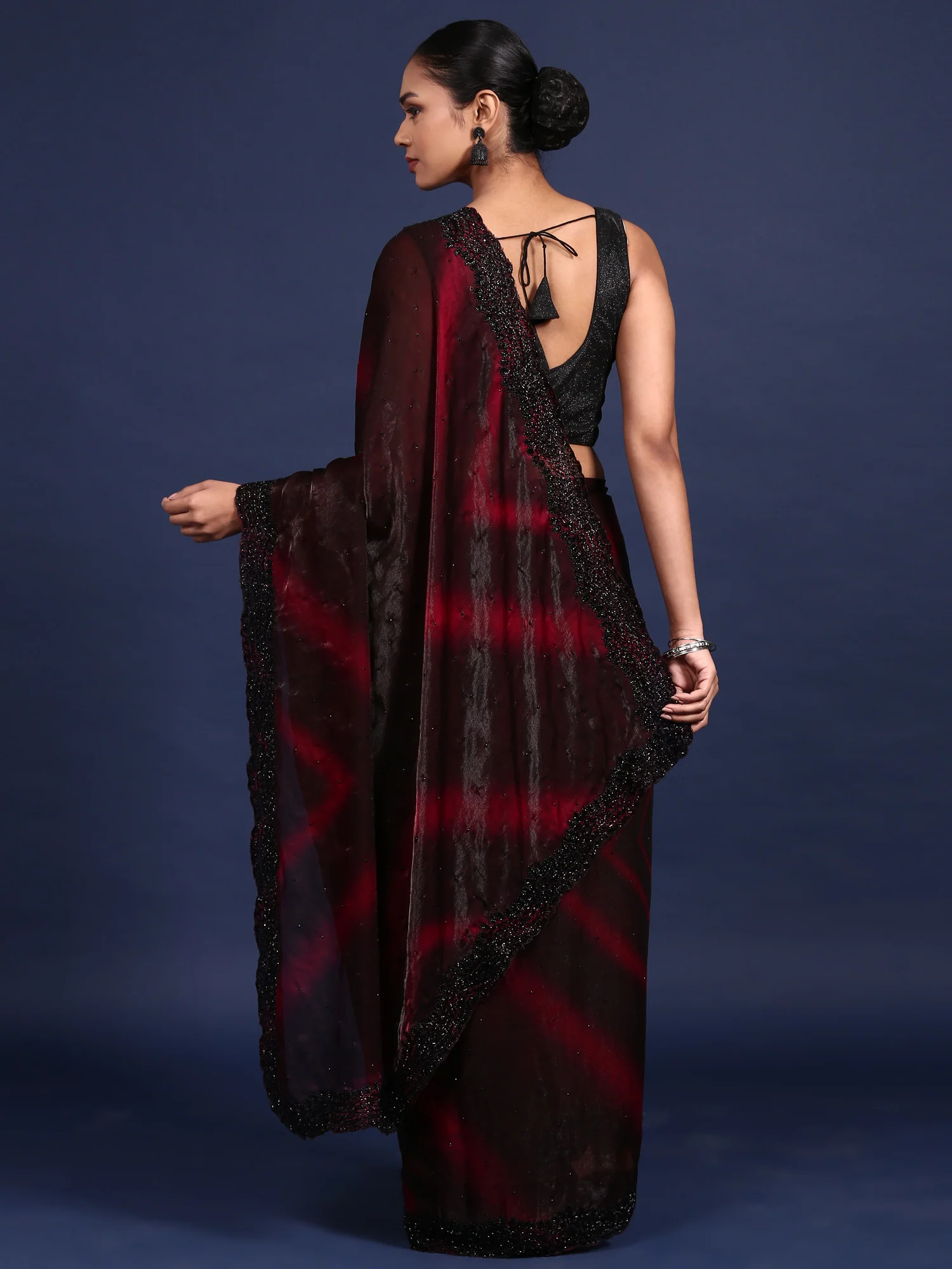 Maroon Shimmer Stone And Thread Embroidery Saree - Image 2
