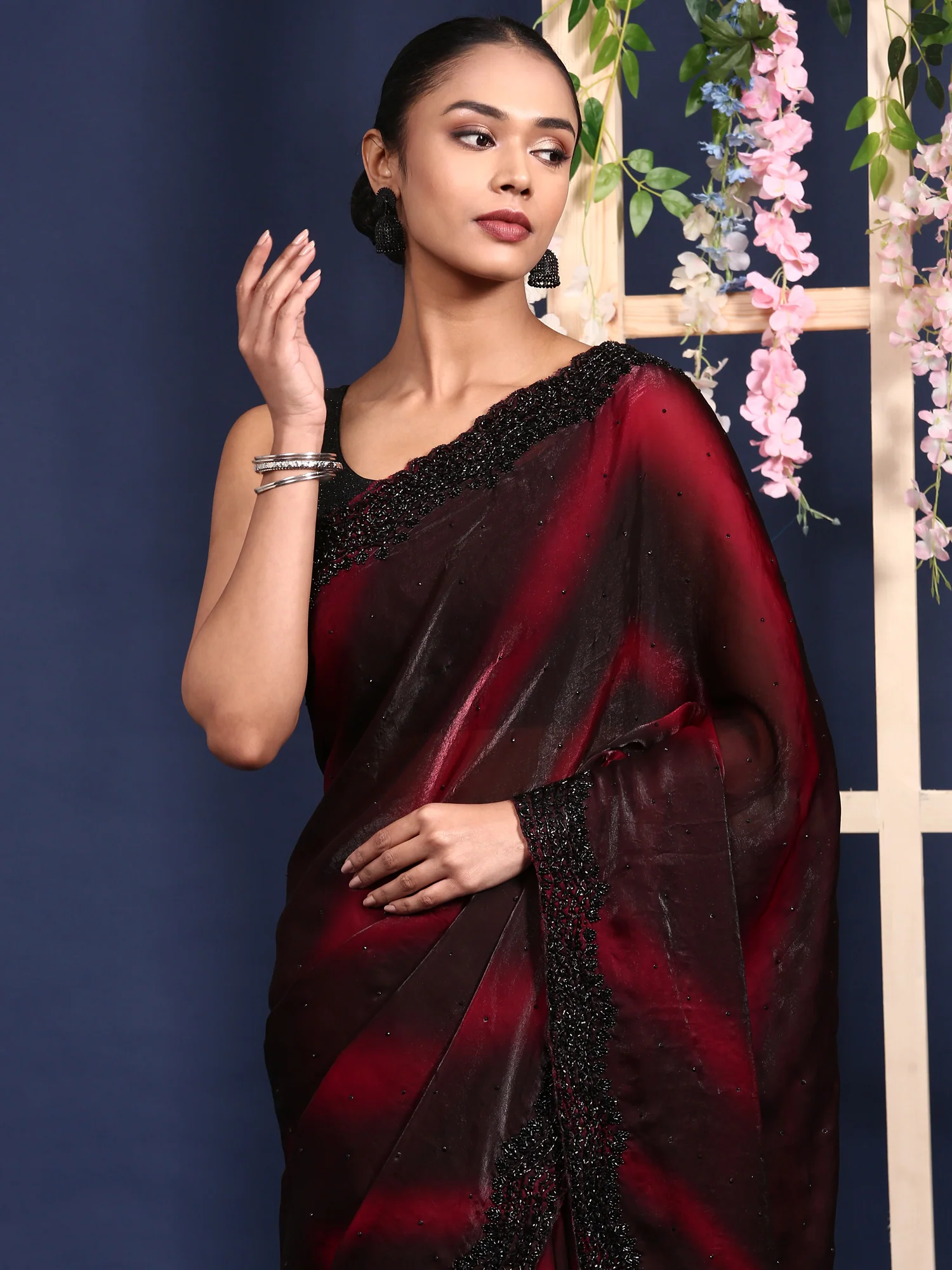 Maroon Shimmer Stone And Thread Embroidery Saree - Image 3