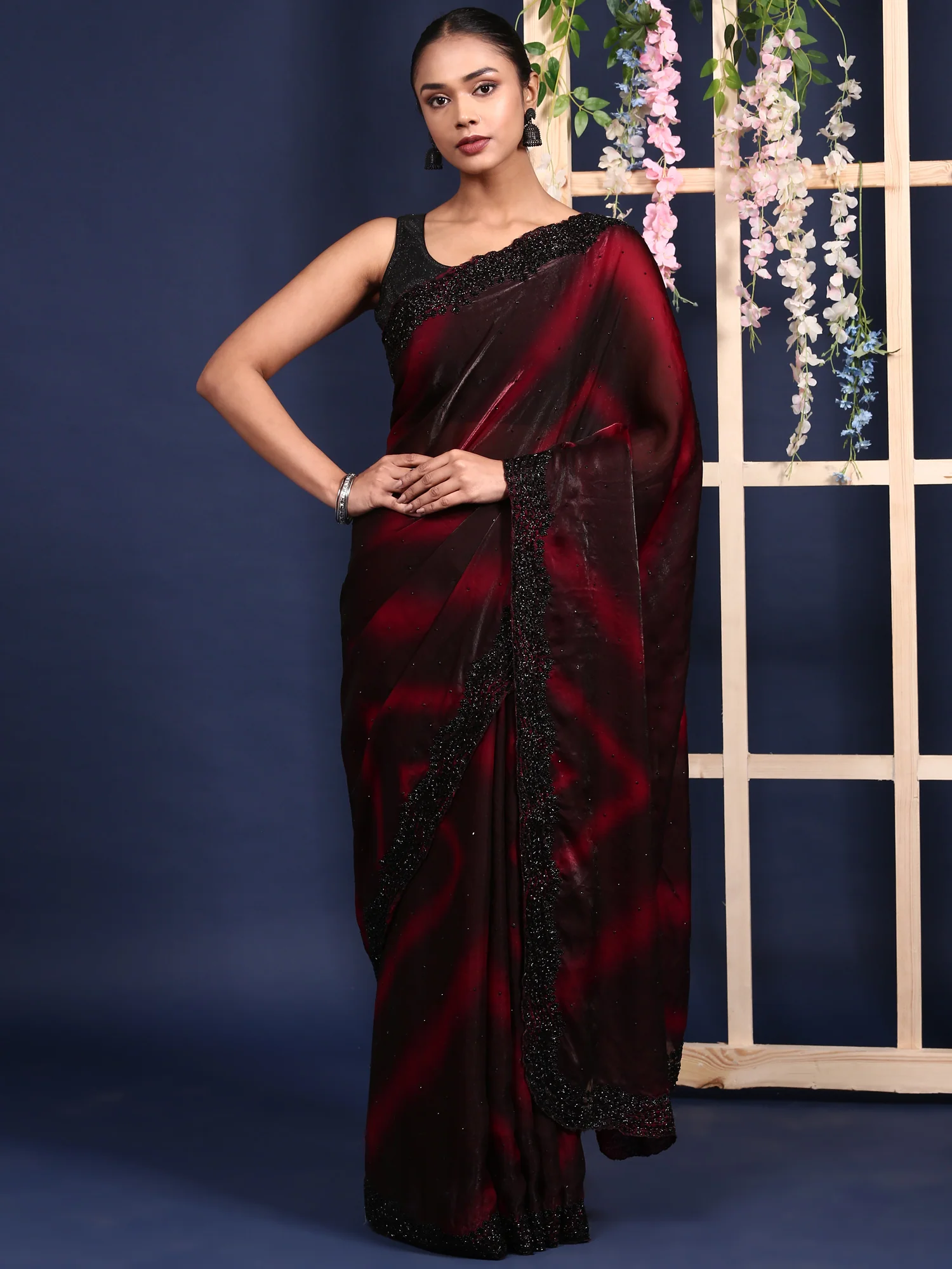 Maroon Shimmer Stone And Thread Embroidery Saree - Image 4