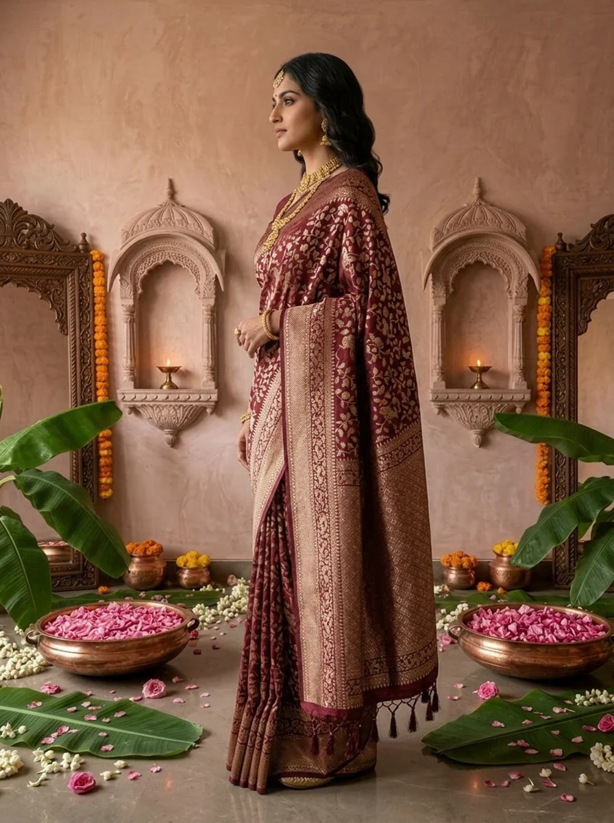 Maroon Silk Floral Weaved Saree - Image 3