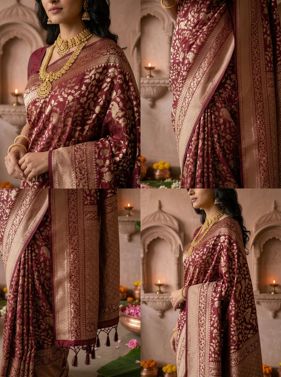 Maroon Silk Floral Weaved Saree - Image 5