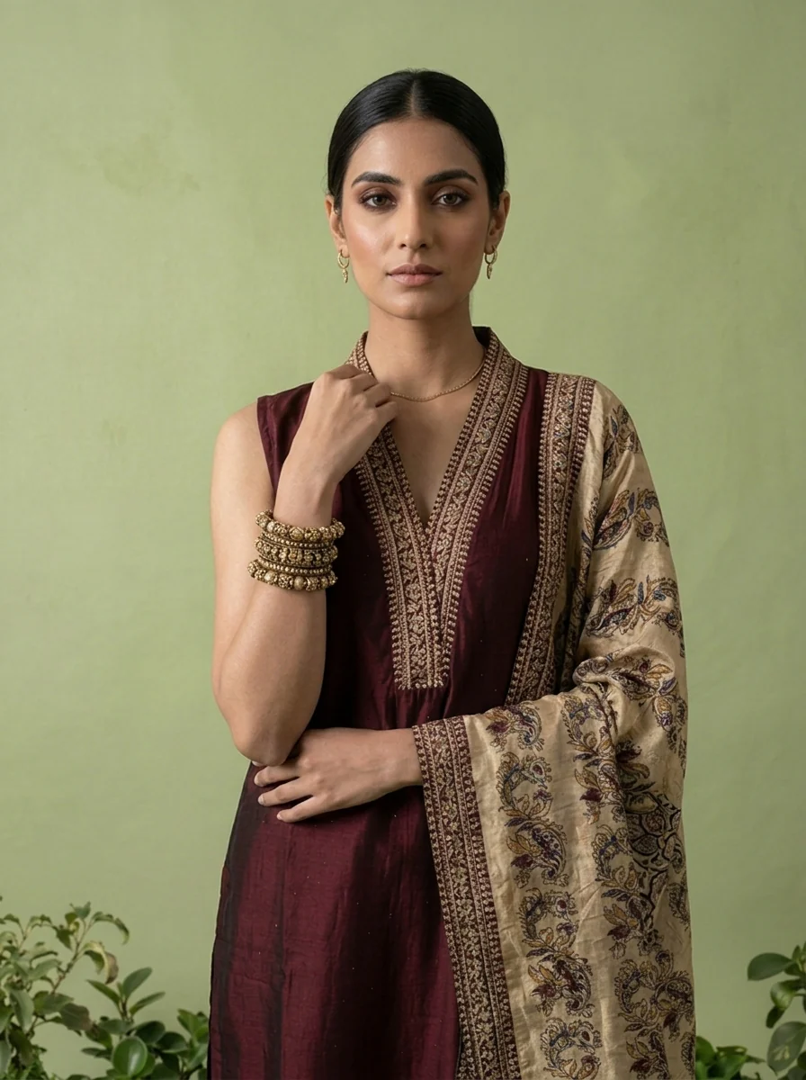 Maroon Silk Floral Zari Embroidery Three Piece Set With Contrast Dupatta - Image 2