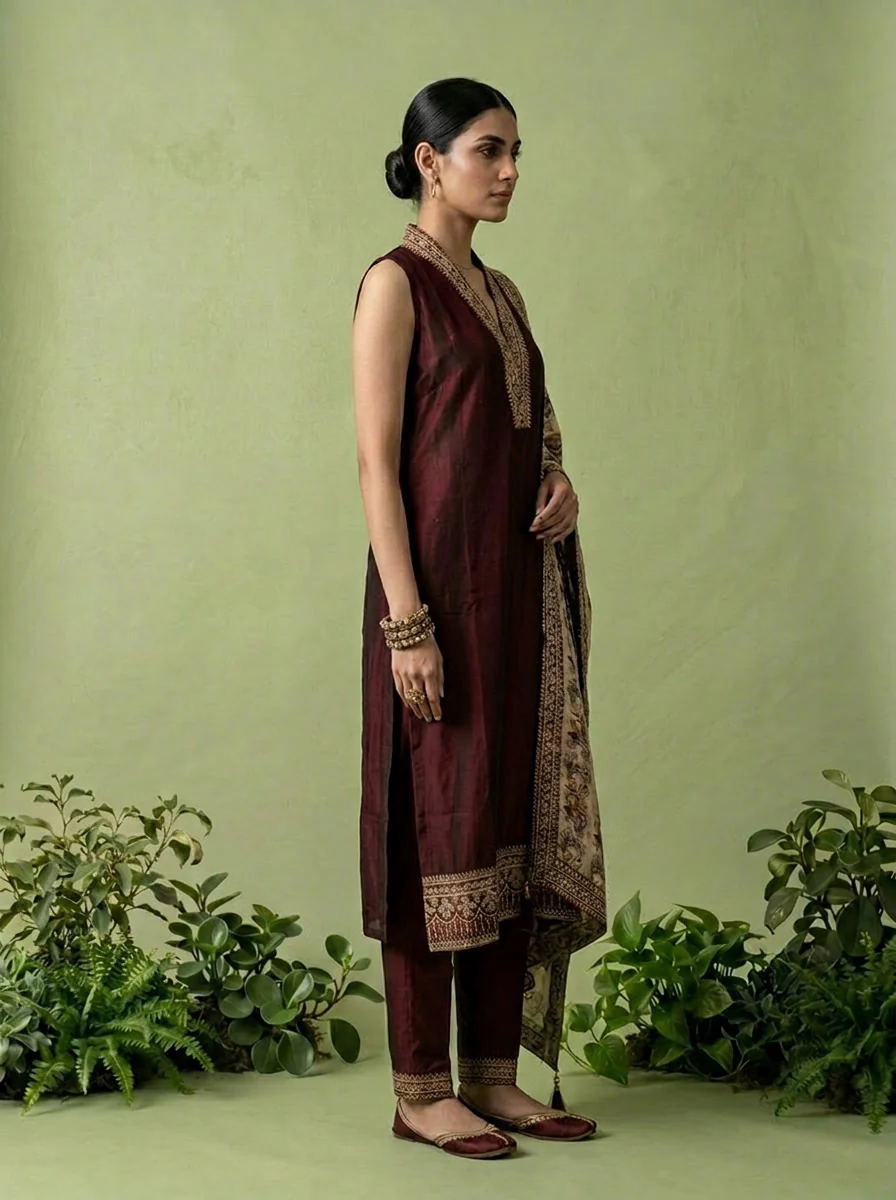 Maroon Silk Floral Zari Embroidery Three Piece Set With Contrast Dupatta - Image 3