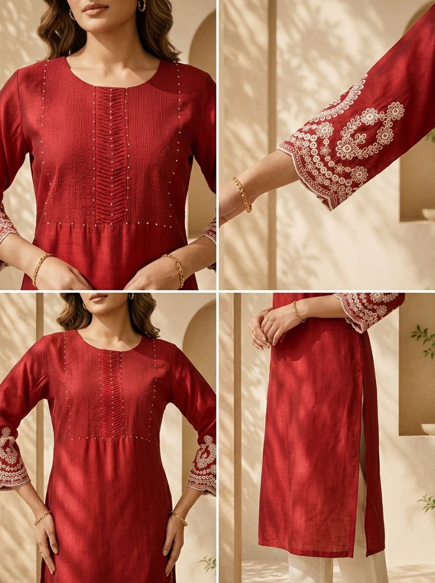 Maroon Silk Pleated And Solid Design Kurta - Image 5