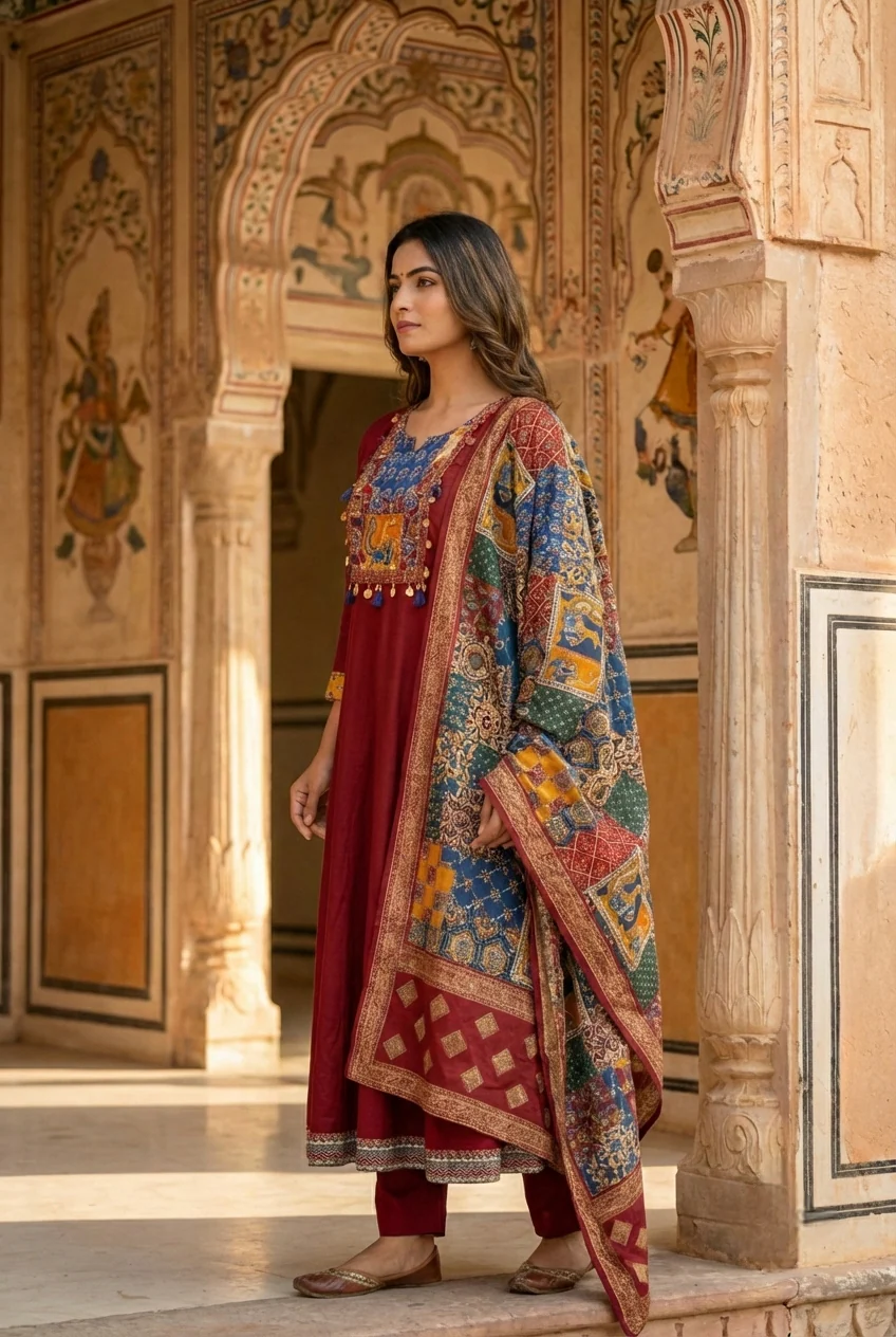 Maroon Silk Printed Three Piece Set - Image 3