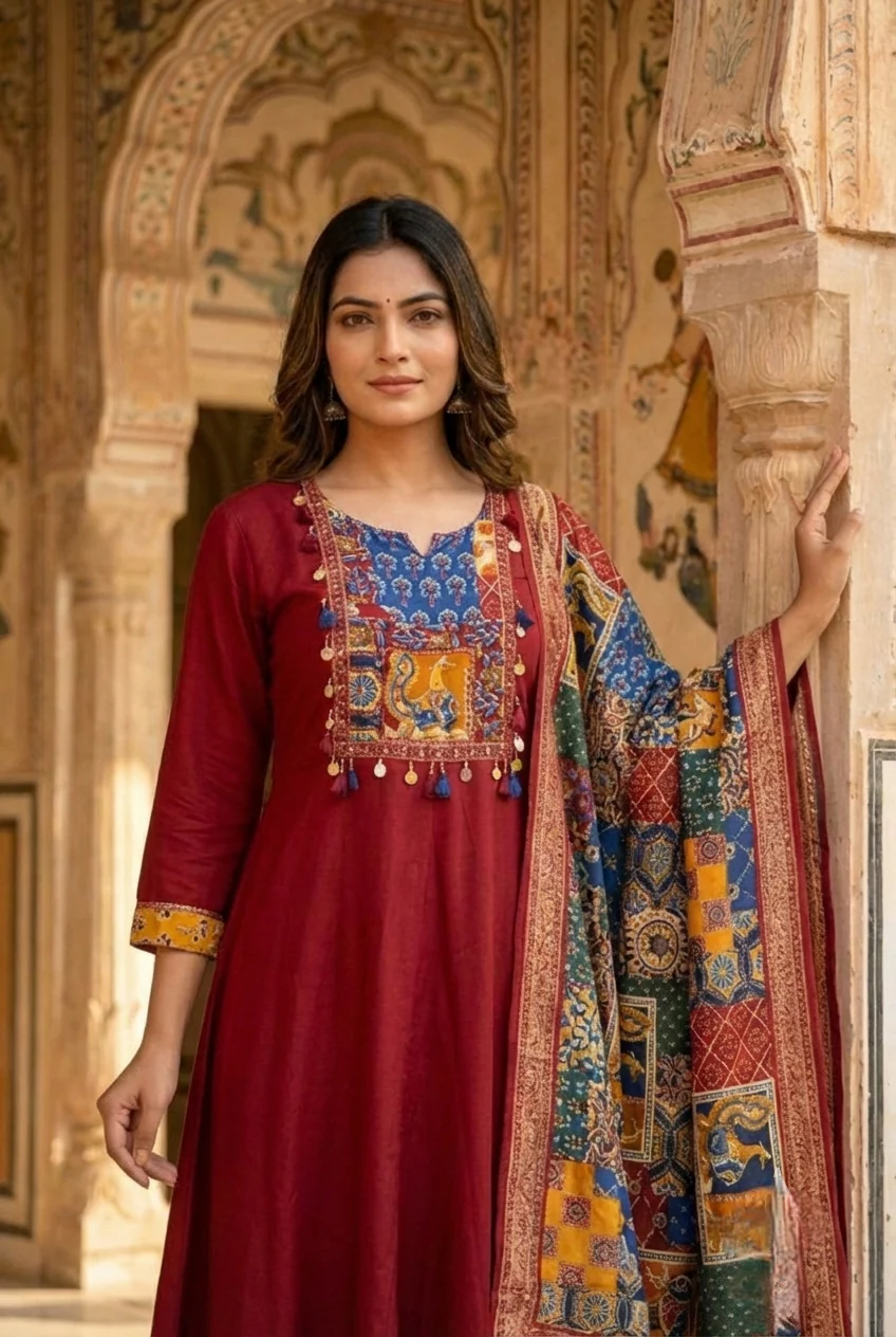 Maroon Silk Printed Three Piece Set - Image 4