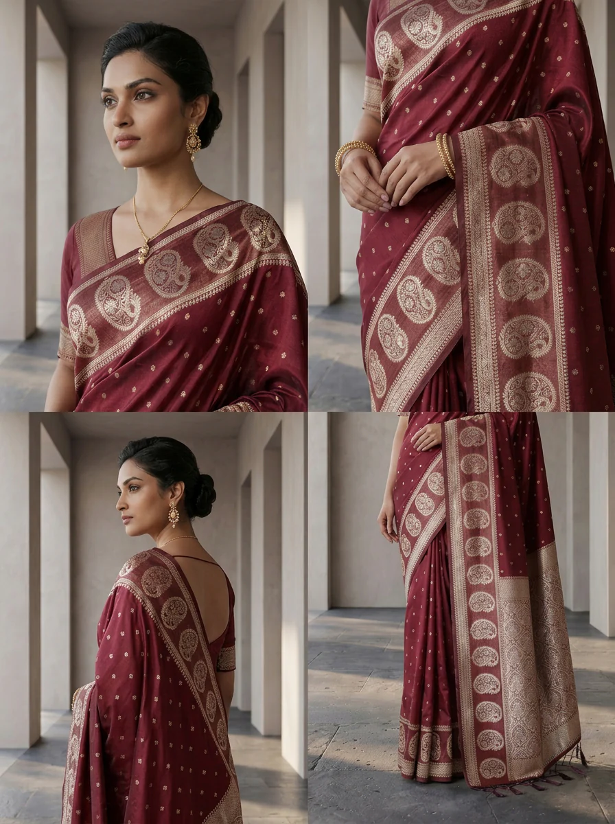 Maroon Silk Saree With Gold Zari Woven Border and Buti Design - Image 4