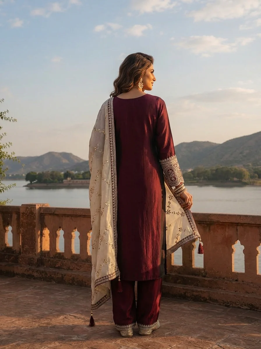 Maroon Silk Zari Embroidery Three Piece Set - Image 2