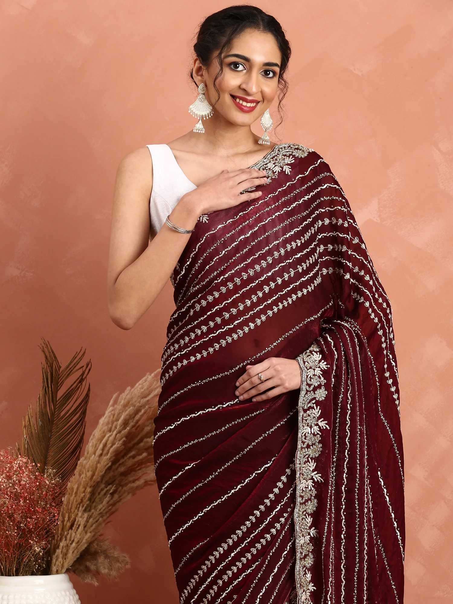 Maroon Swarovski & Cut Dana Hand Embroidered Saree - Image 2