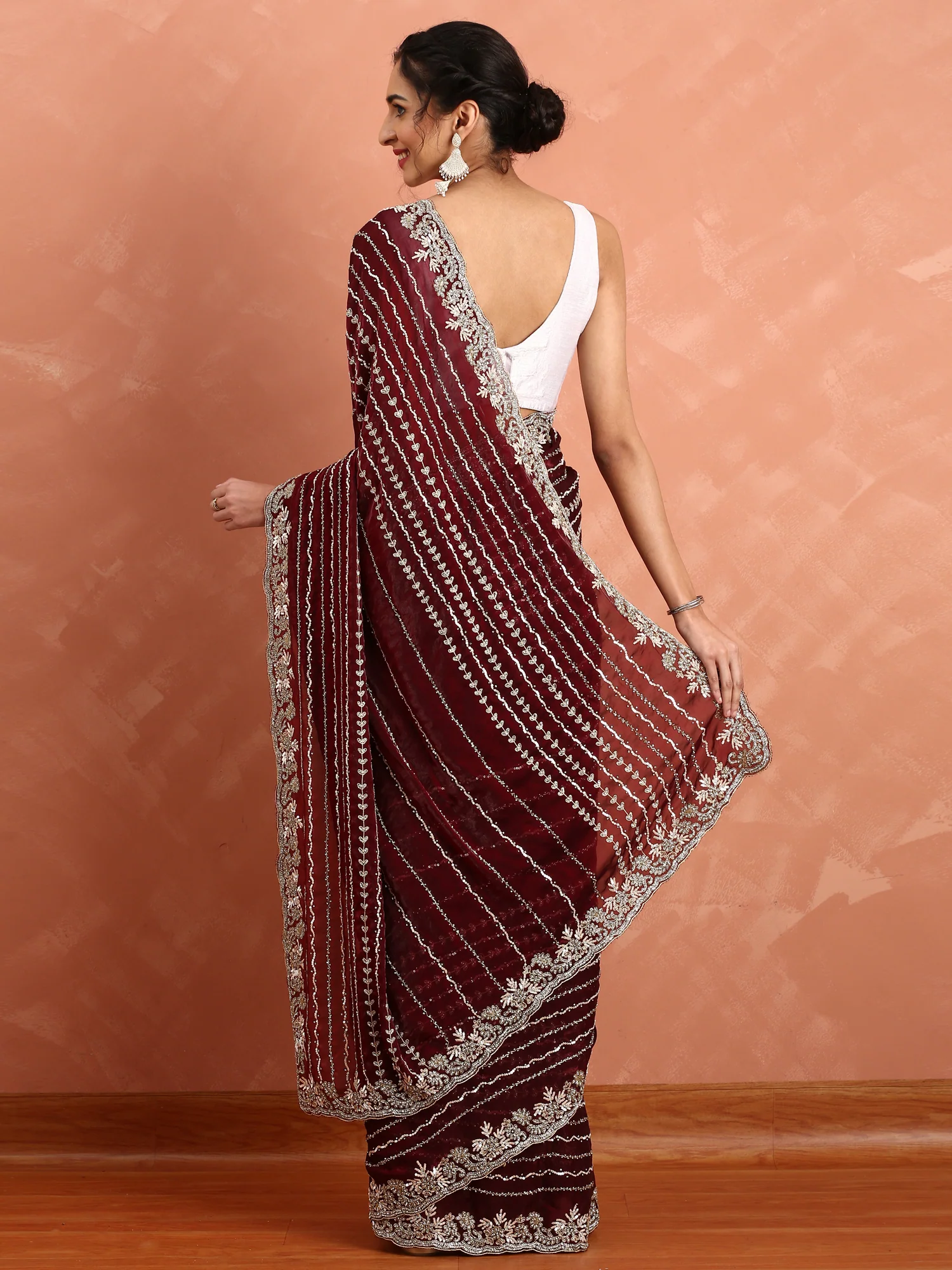 Maroon Swarovski & Cut Dana Hand Embroidered Saree - Image 3