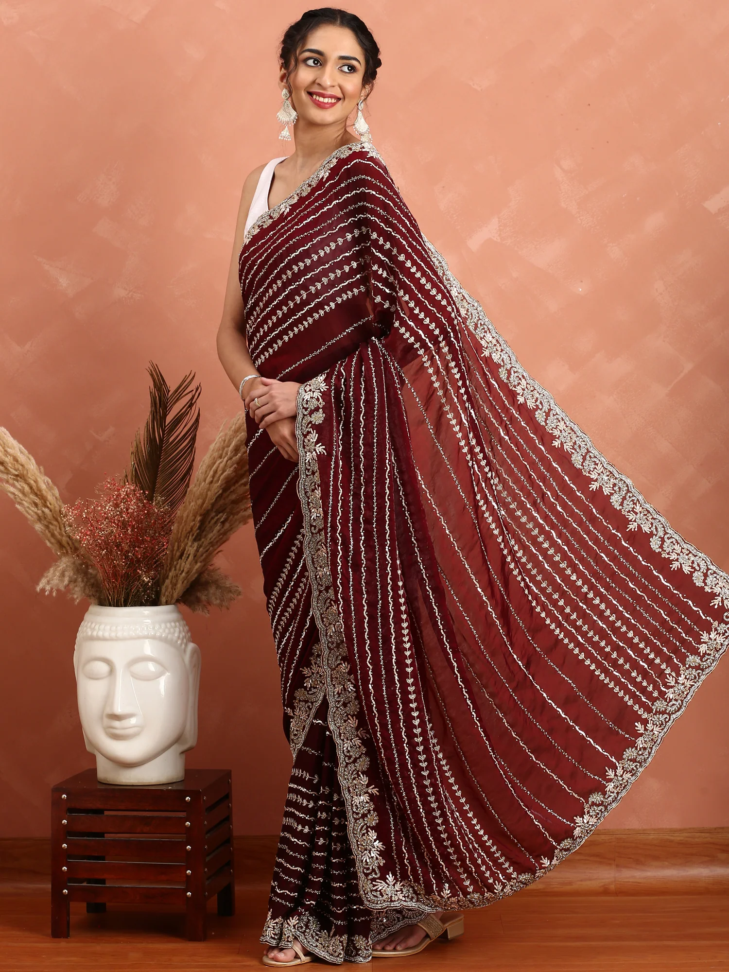 Maroon Swarovski & Cut Dana Hand Embroidered Saree - Image 4