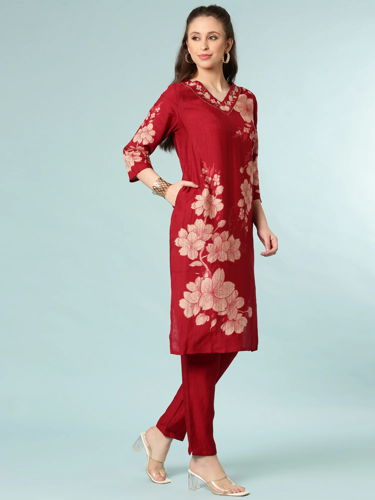 Maroon Viscose Rayon Floral Printed Two Piece Set - Image 2