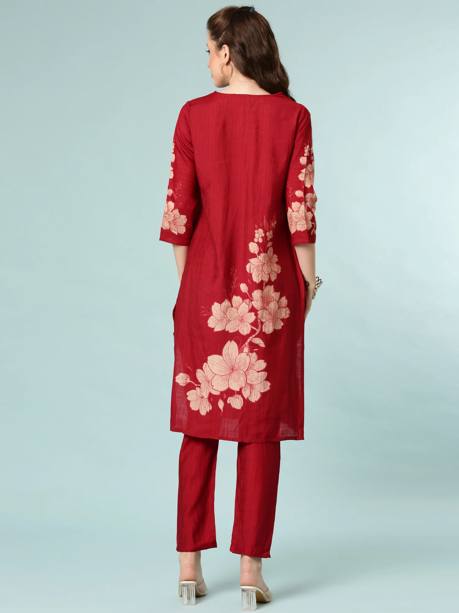 Maroon Viscose Rayon Floral Printed Two Piece Set - Image 3