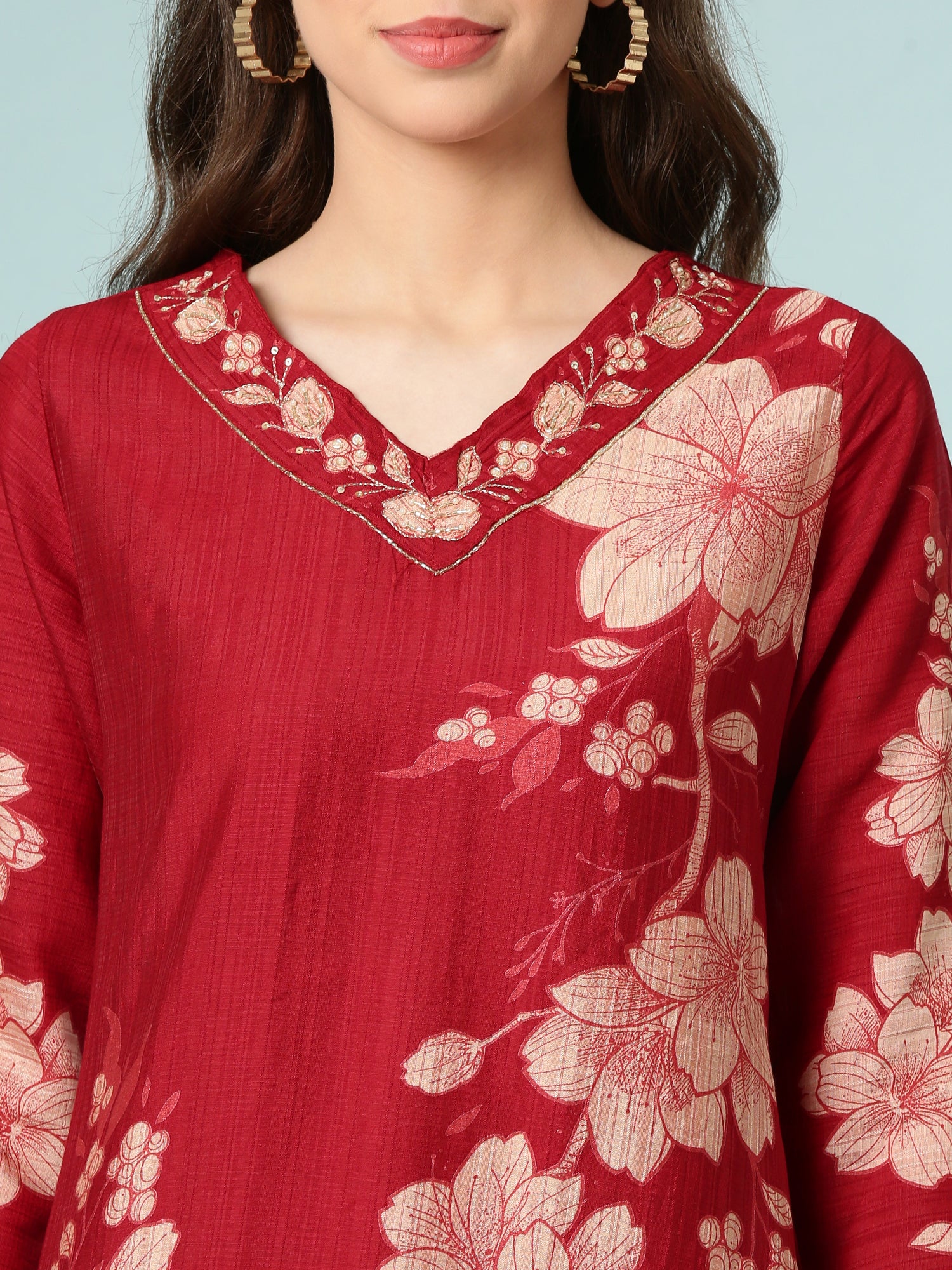 Maroon Viscose Rayon Floral Printed Two Piece Set - Image 4